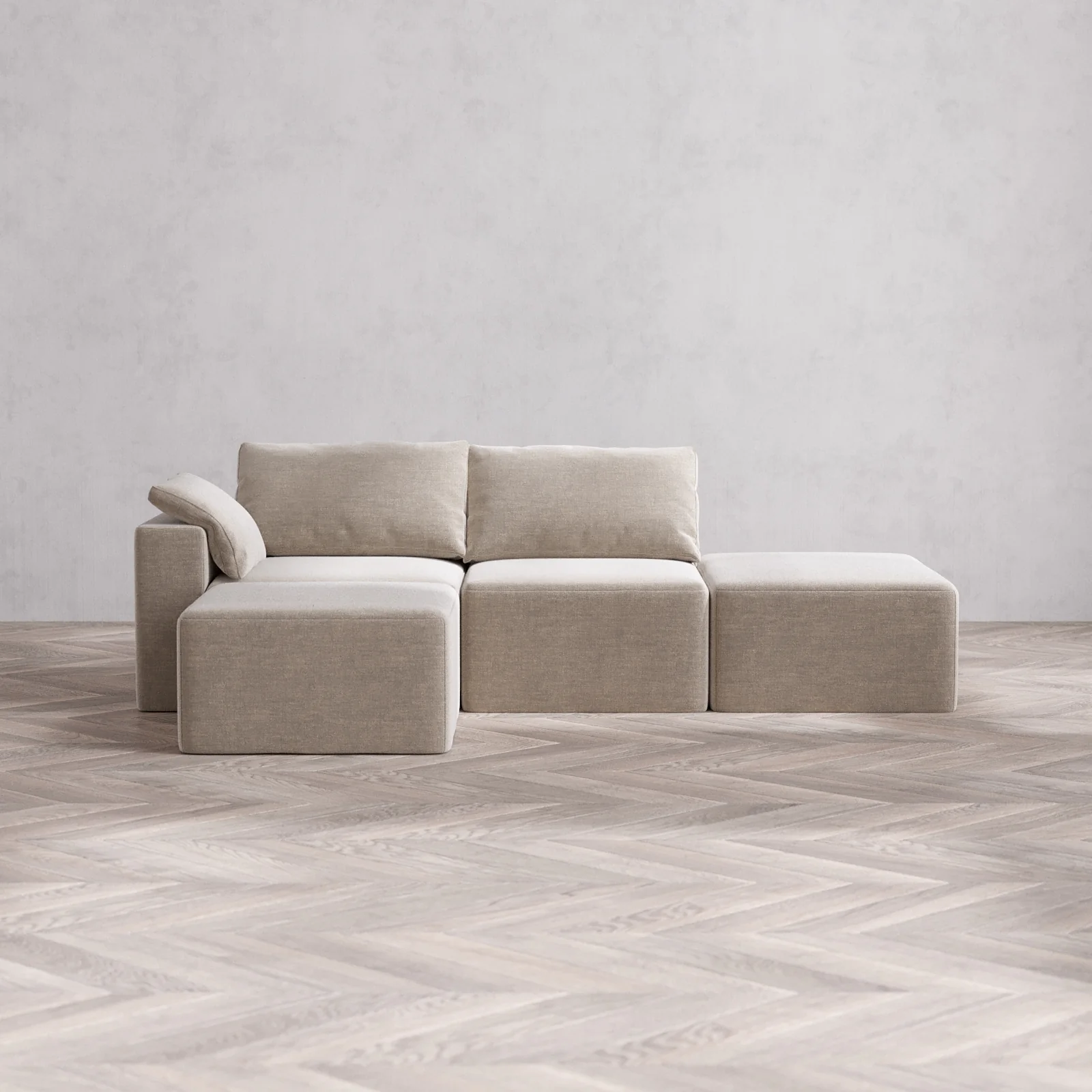 Modular Washable 2-Seater Open End Sectional Cloud Sofa | Left-Facing Arm | Satin Velvet in Caraway