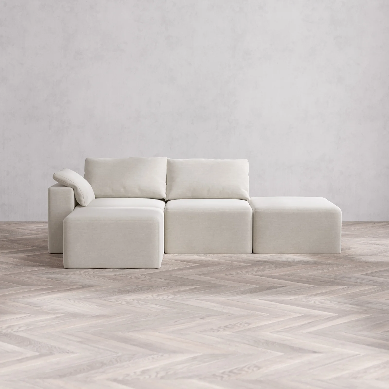 Modular Washable 2-Seater Open End Sectional Cloud Sofa | Left-Facing Arm | Satin Velvet in Cashew