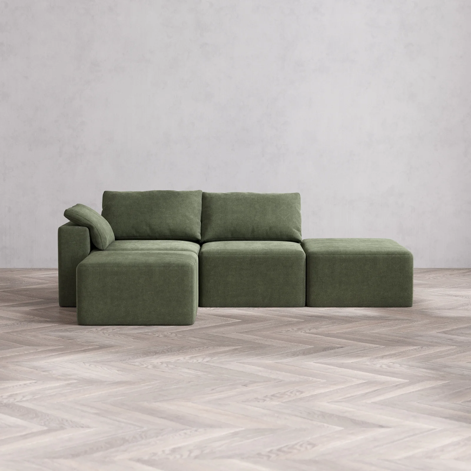 Modular Washable 2-Seater Open End Sectional Cloud Sofa | Left-Facing Arm | Luxe Corduroy in Juniper