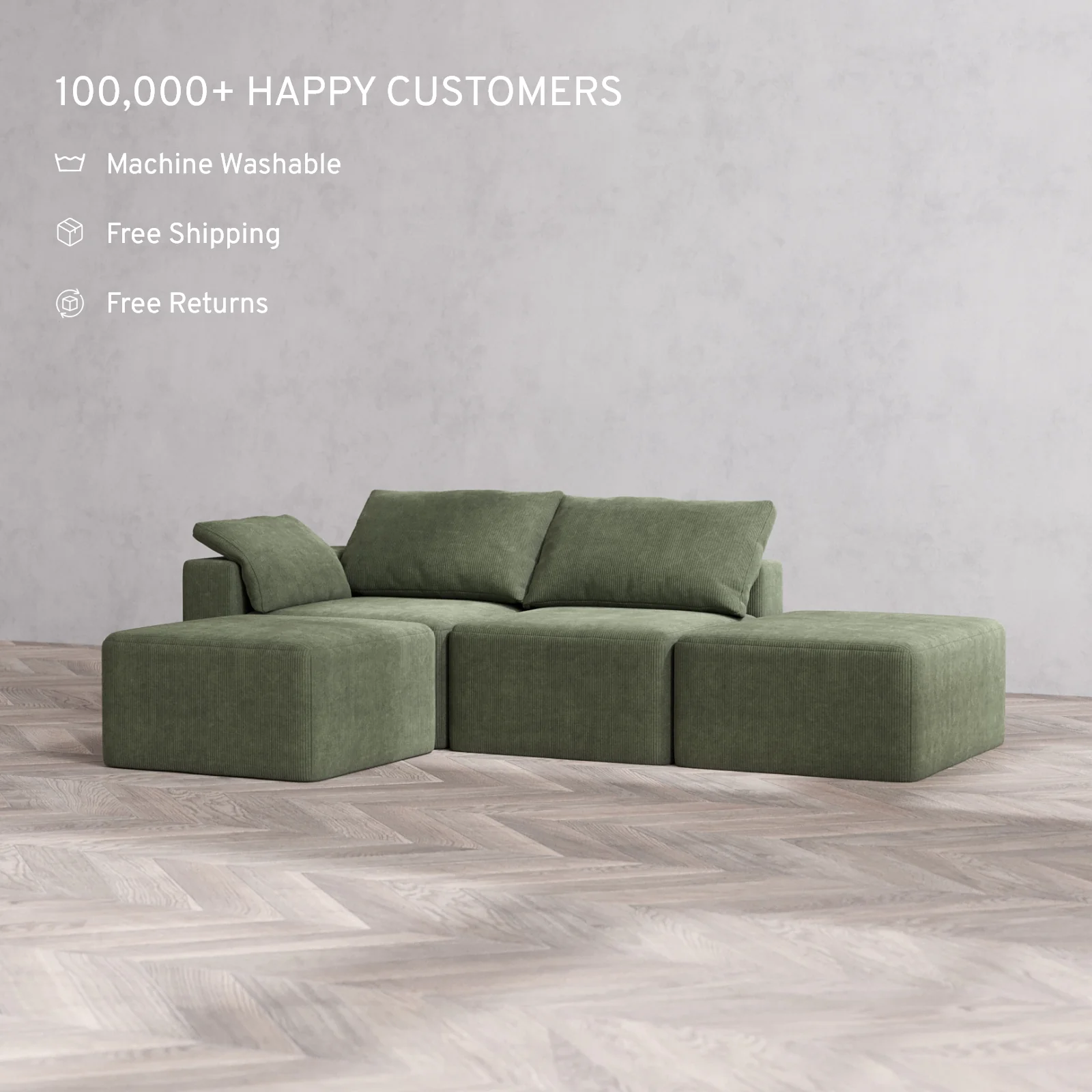Modular Washable 2-Seater Open End Sectional Cloud Sofa | Left-Facing Arm | Luxe Corduroy in Juniper - Image 2