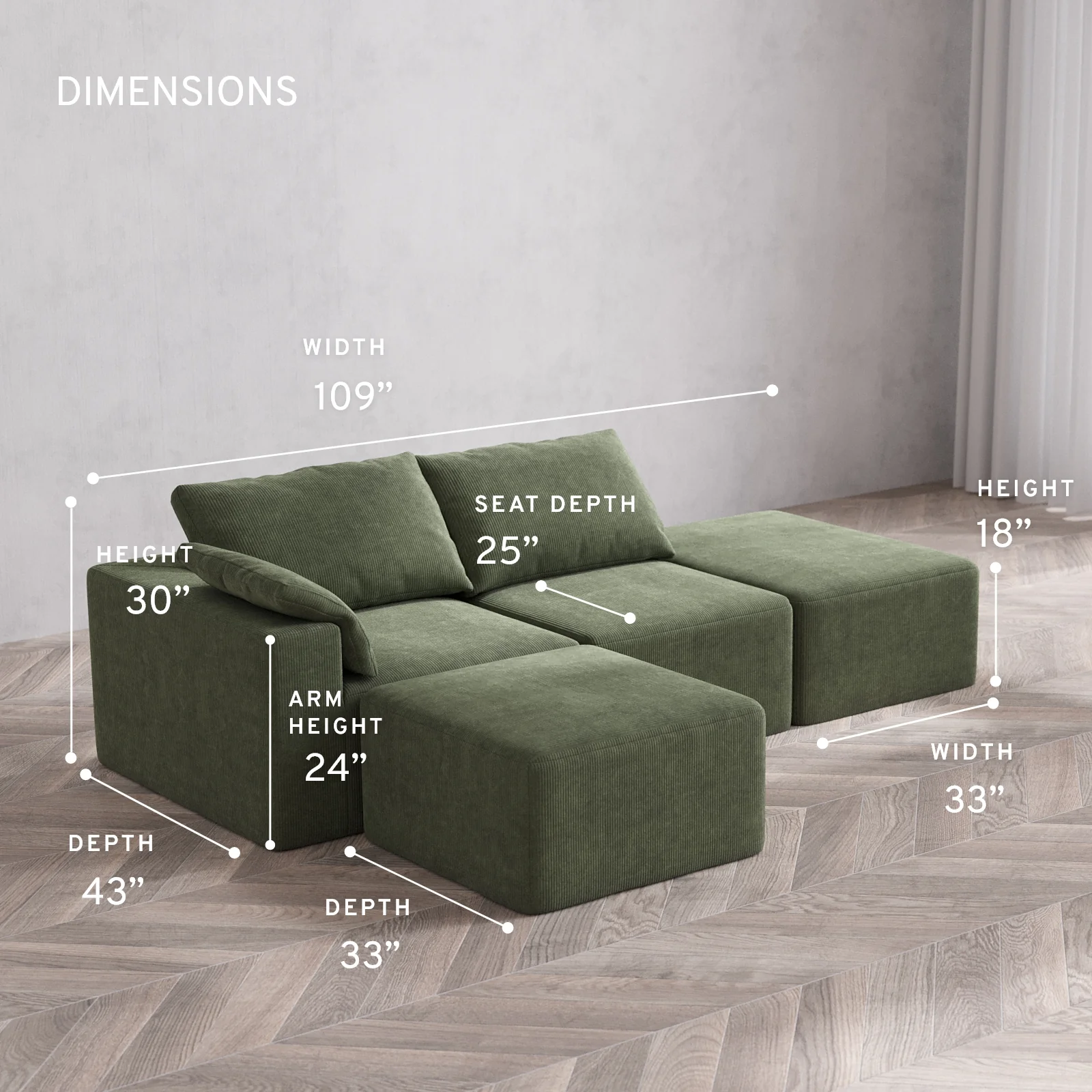 Modular Washable 2-Seater Open End Sectional Cloud Sofa | Left-Facing Arm | Luxe Corduroy in Juniper - Image 5