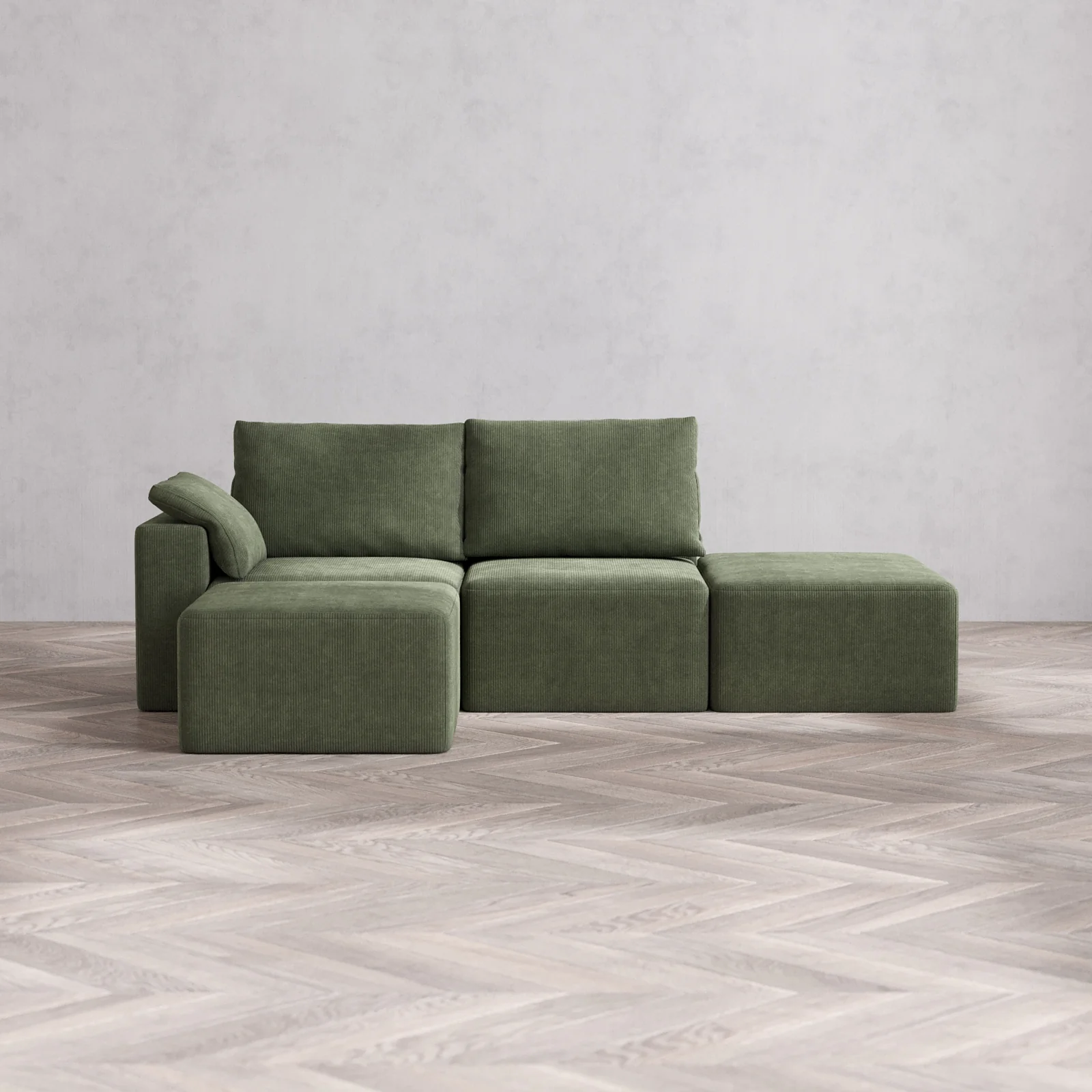 Modular Washable 2-Seater Open End Sectional Cloud + Bolster Sofa | Left-Facing Arm | Luxe Corduroy in Juniper