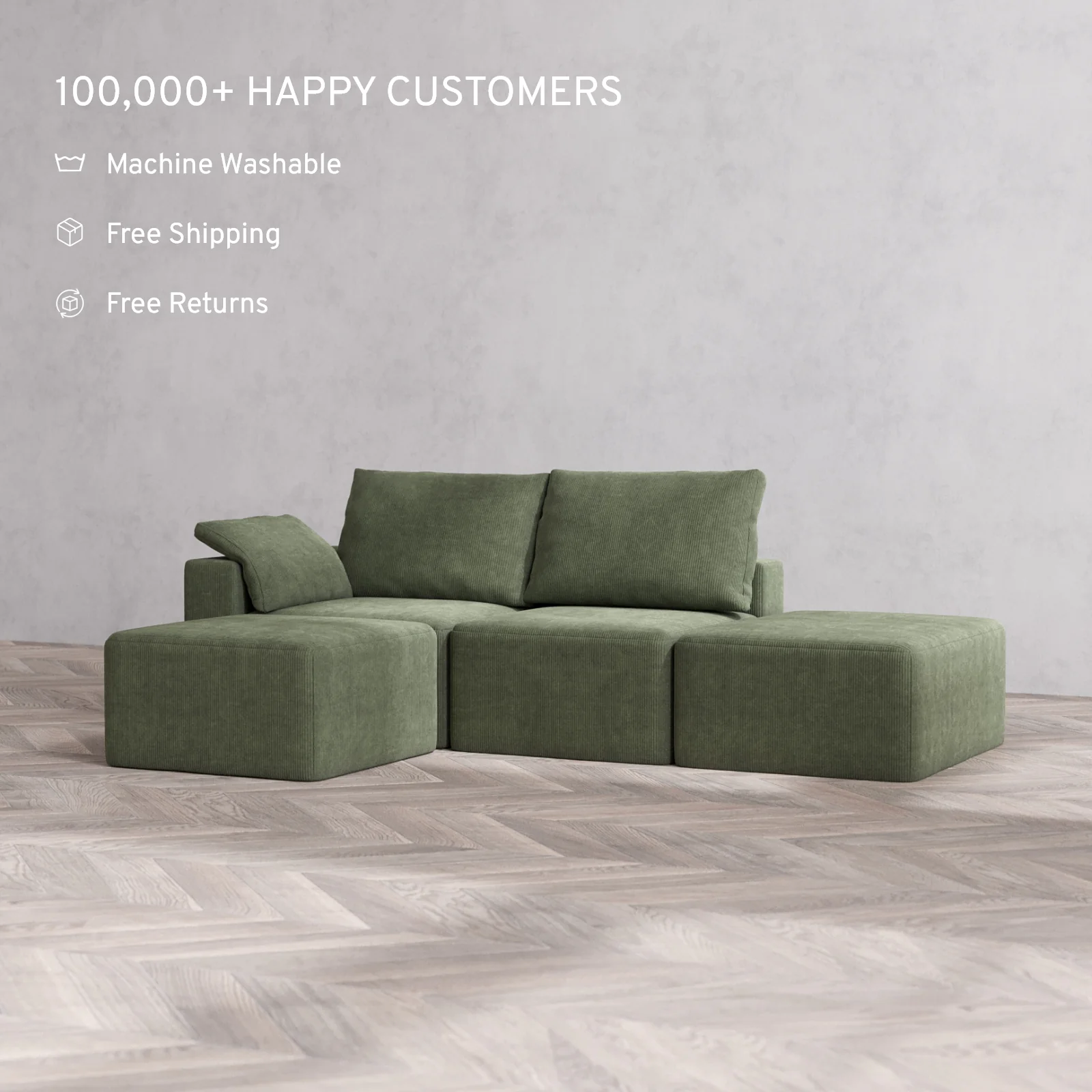 Modular Washable 2-Seater Open End Sectional Cloud + Bolster Sofa | Left-Facing Arm | Luxe Corduroy in Juniper - Image 2