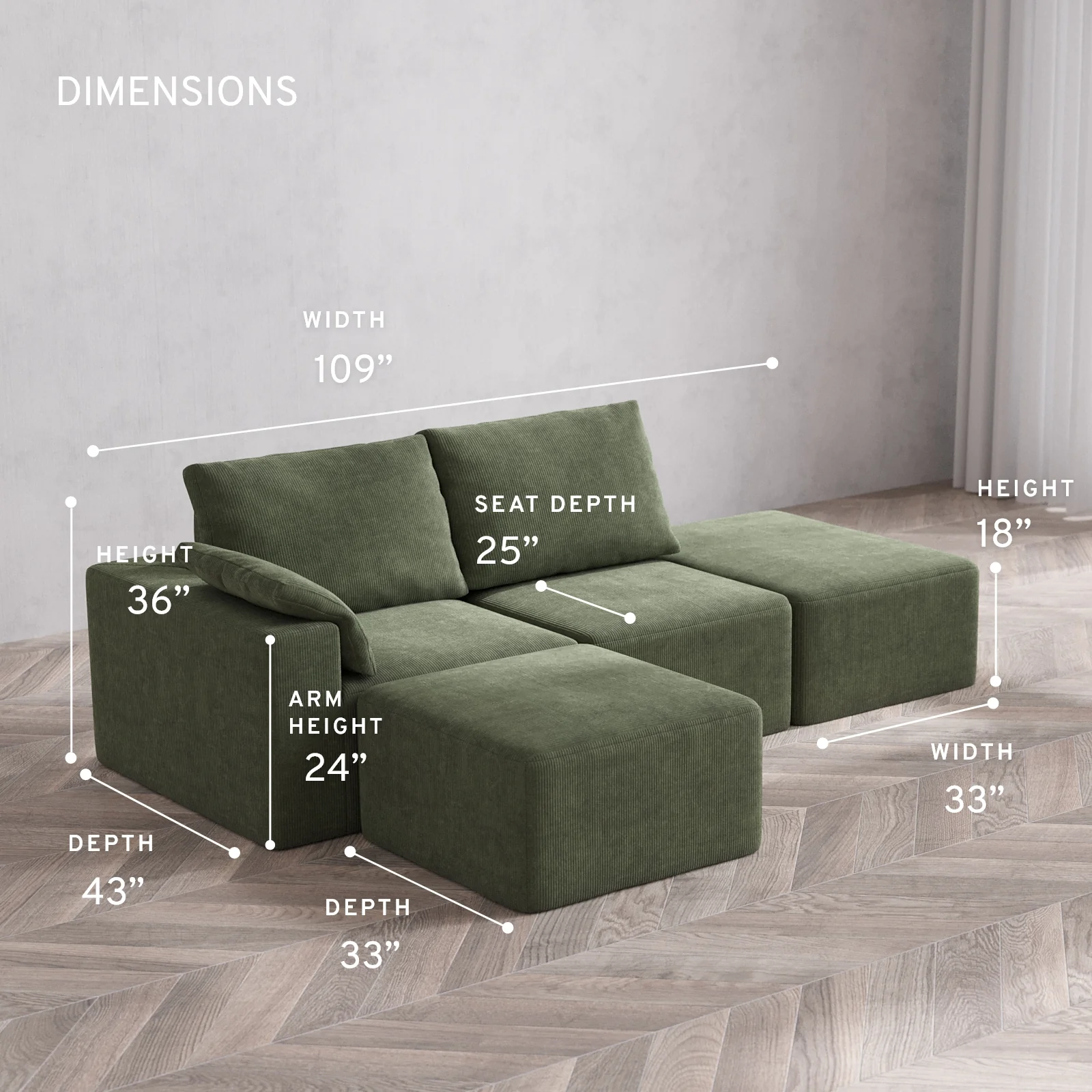 Modular Washable 2-Seater Open End Sectional Cloud + Bolster Sofa | Left-Facing Arm | Luxe Corduroy in Juniper - Image 5