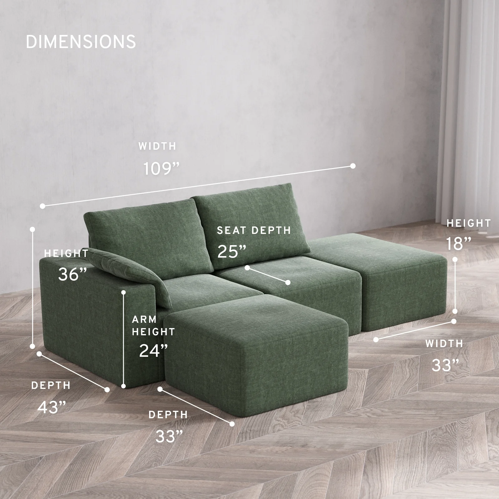 Modular Washable 2-Seater Open End Sectional Cloud + Bolster Sofa | Left-Facing Arm | Heirloom Velvet in Sage - Image 5