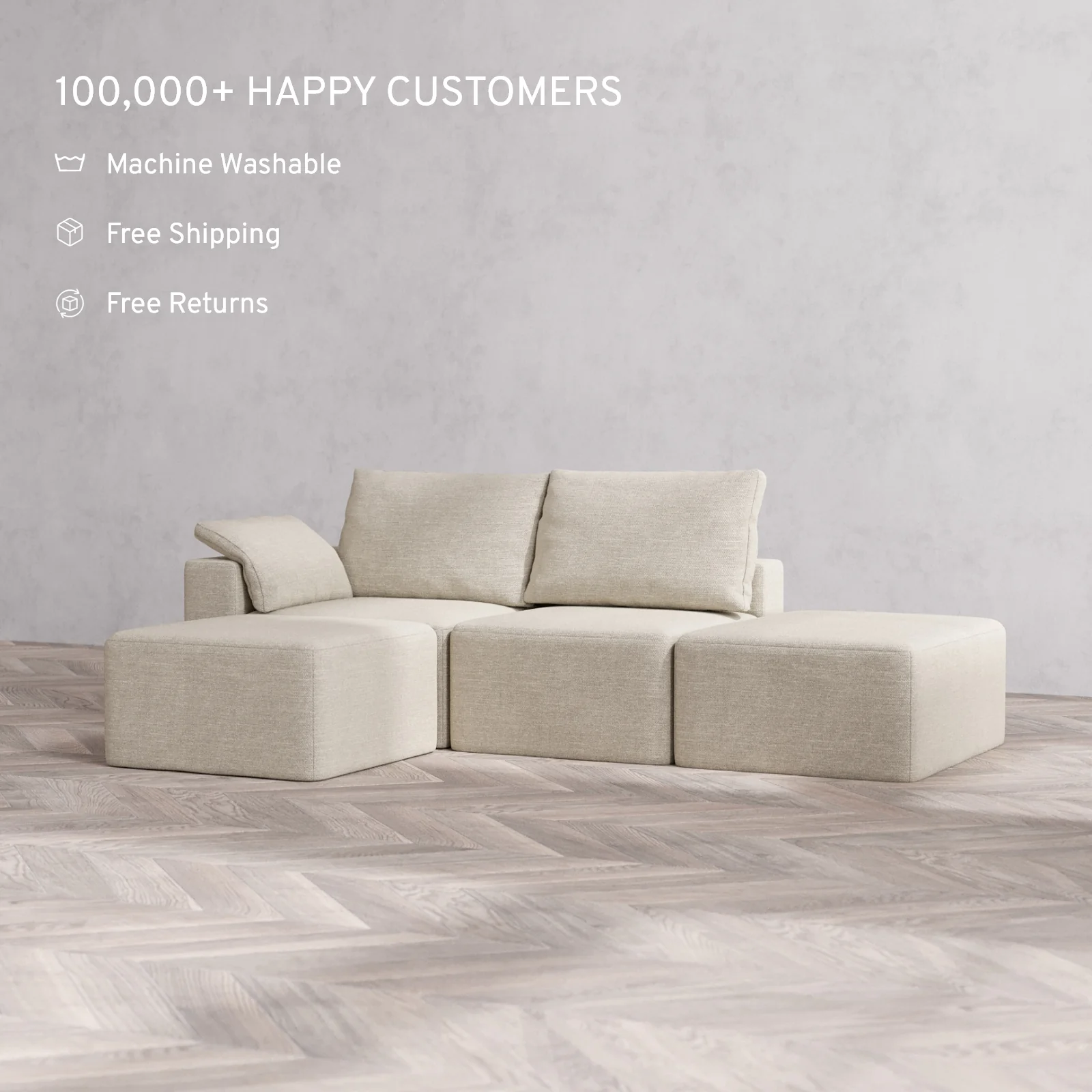 Modular Washable 2-Seater Open End Sectional Cloud + Bolster Sofa | Left-Facing Arm | Plush Twill in Sandstone - Image 2