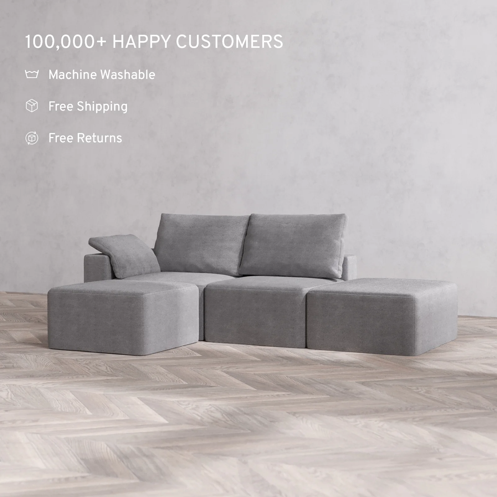 Modular Washable 2-Seater Open End Sectional Cloud + Bolster Sofa | Left-Facing Arm | Lux Weave in Slate - Image 2