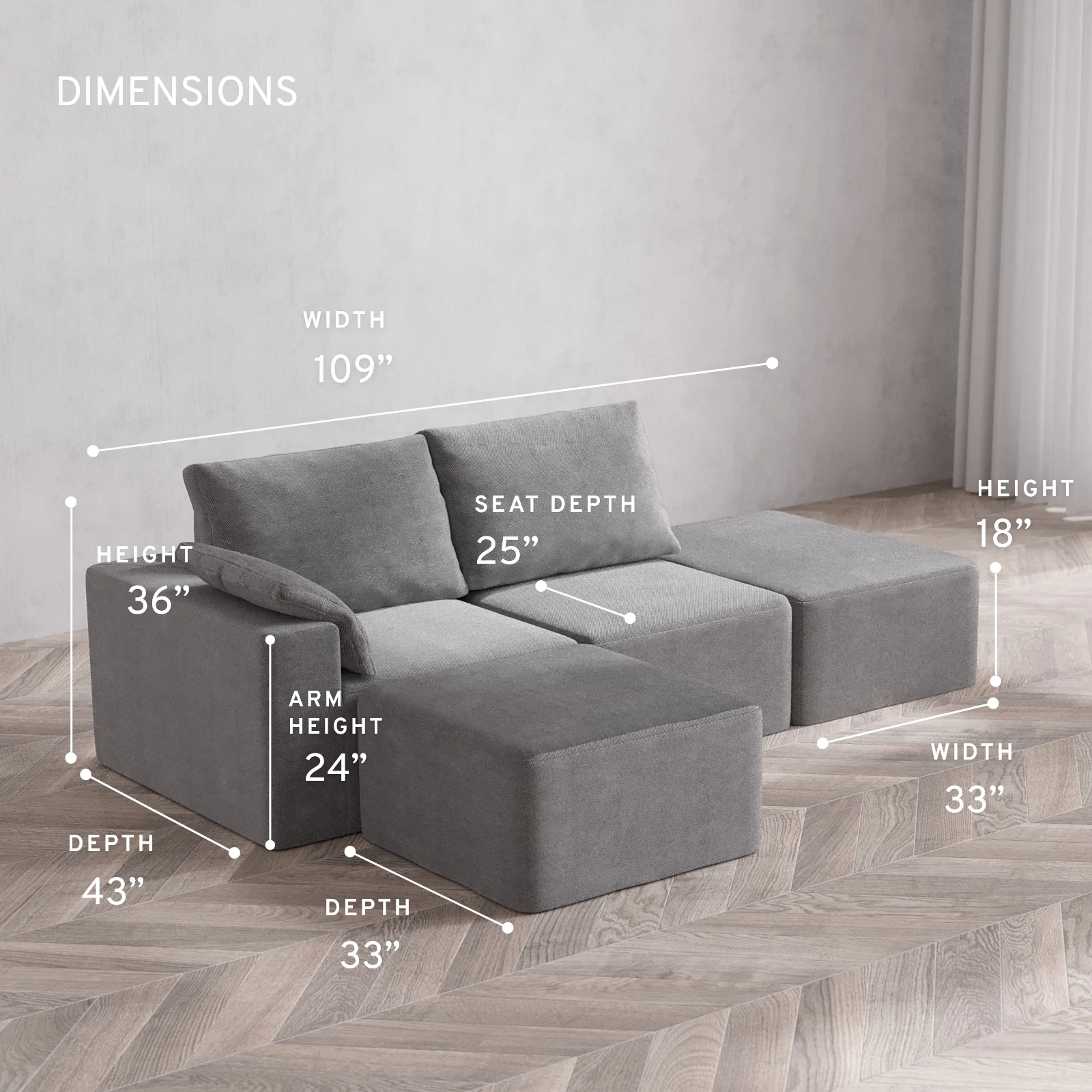 Modular Washable 2-Seater Open End Sectional Cloud + Bolster Sofa | Left-Facing Arm | Lux Weave in Slate - Image 5