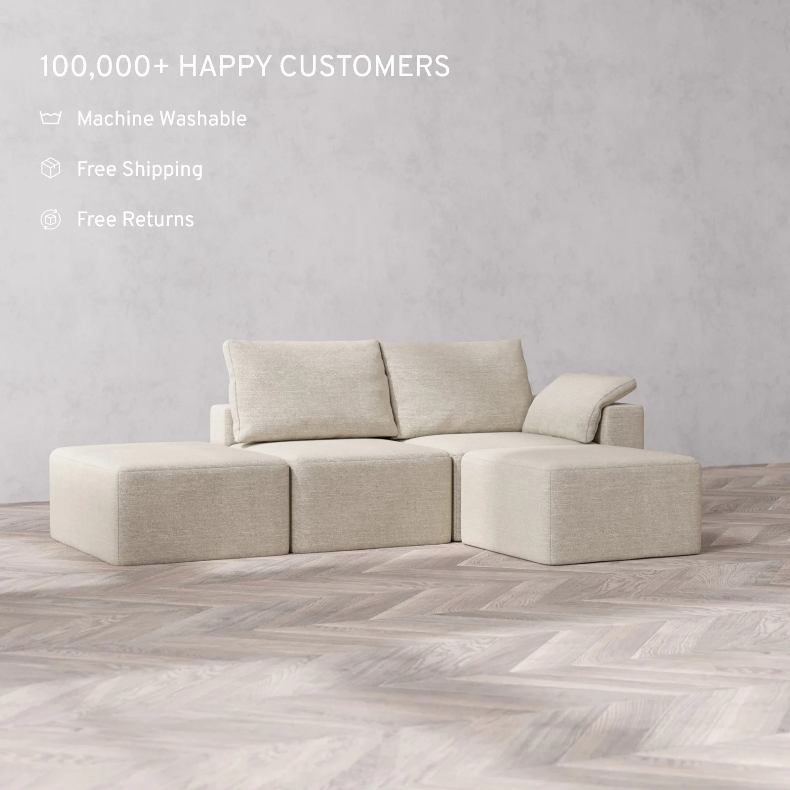 Modular Washable 2-Seater Open End Sectional Cloud + Bolster Sofa | Right-Facing Arm | Plush Twill in Sandstone - Image 2