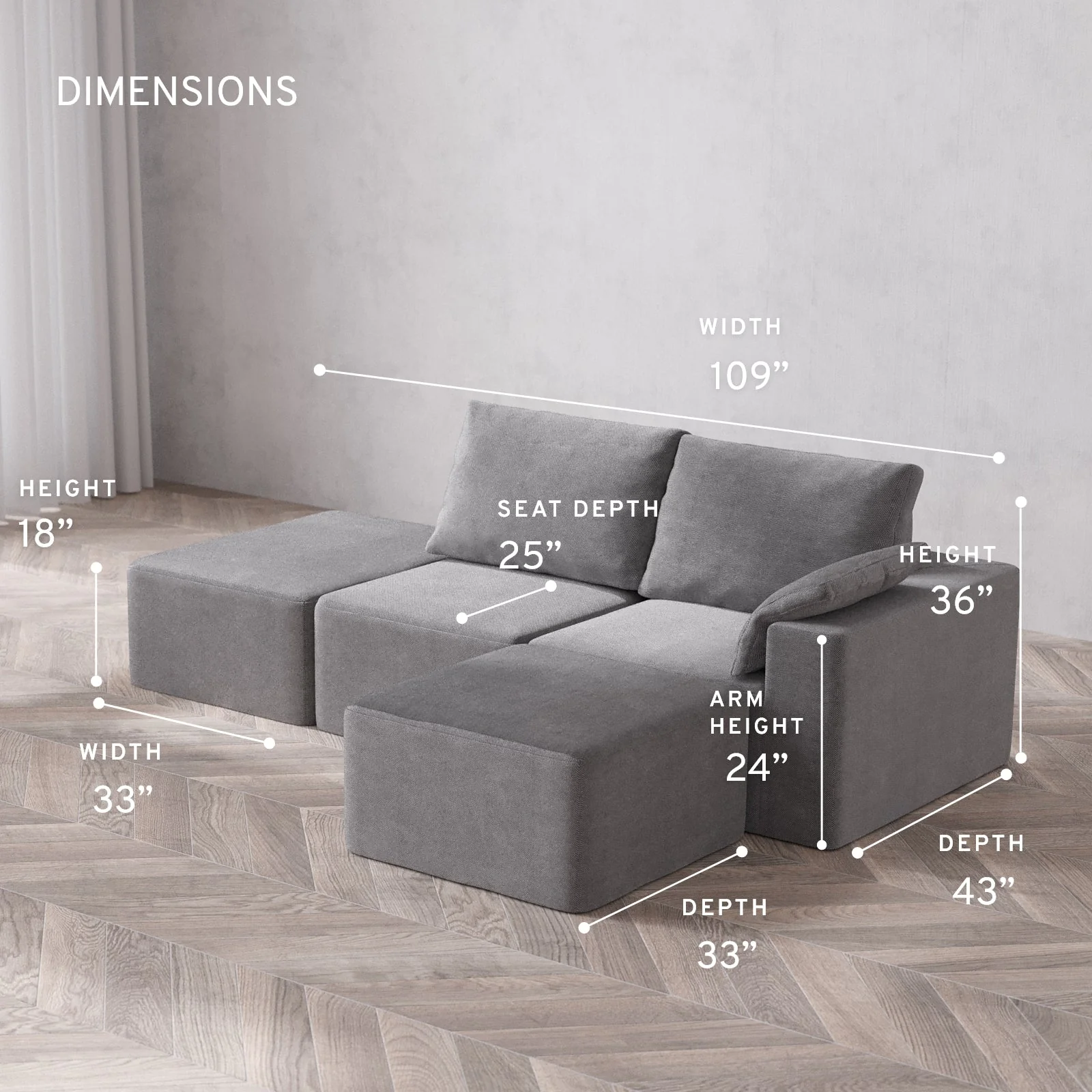 Modular Washable 2-Seater Open End Sectional Cloud + Bolster Sofa | Right-Facing Arm | Lux Weave in Slate - Image 5