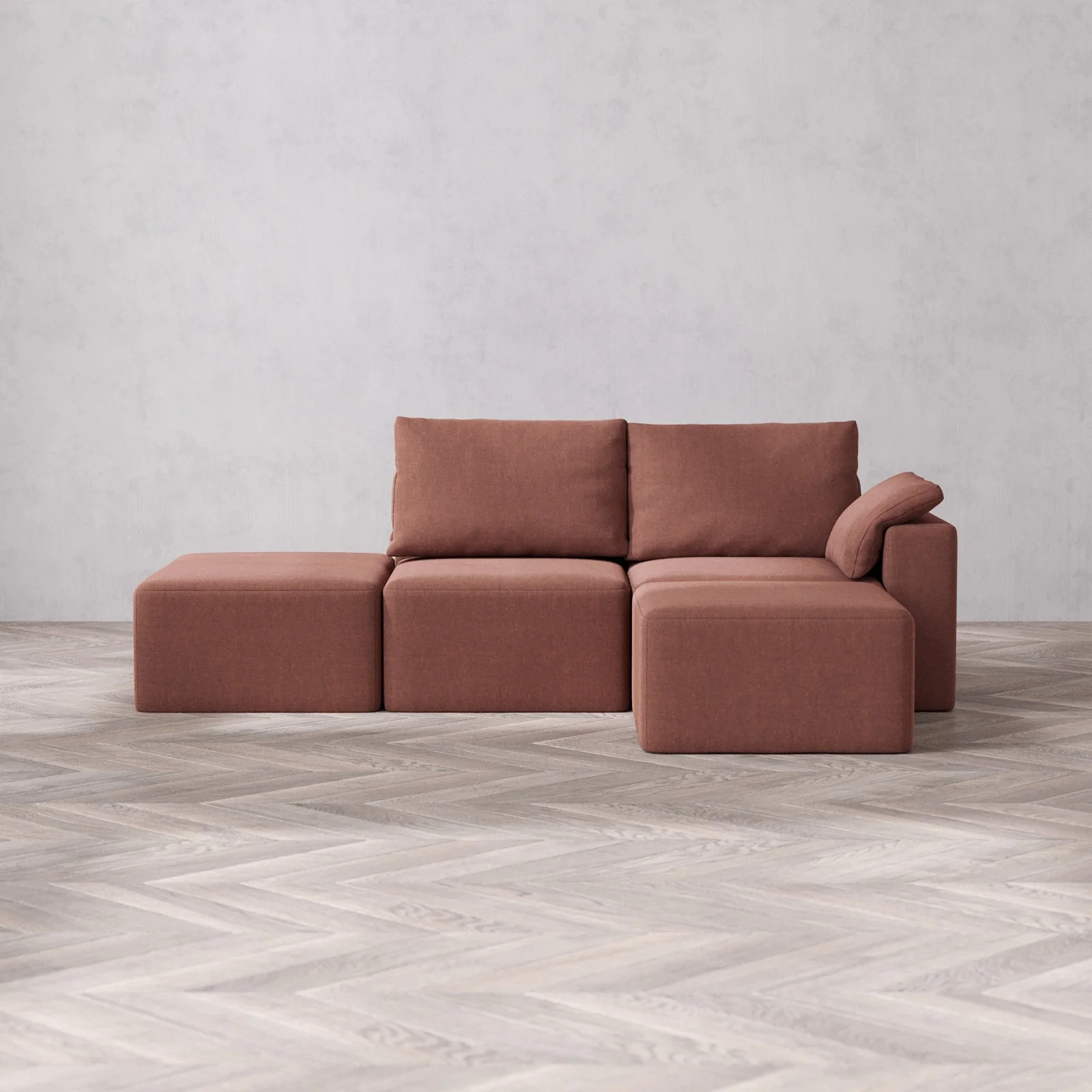 Modular Washable 2-Seater Open End Sectional Cloud + Bolster Sofa | Right-Facing Arm | Heirloom Velvet in Sumac