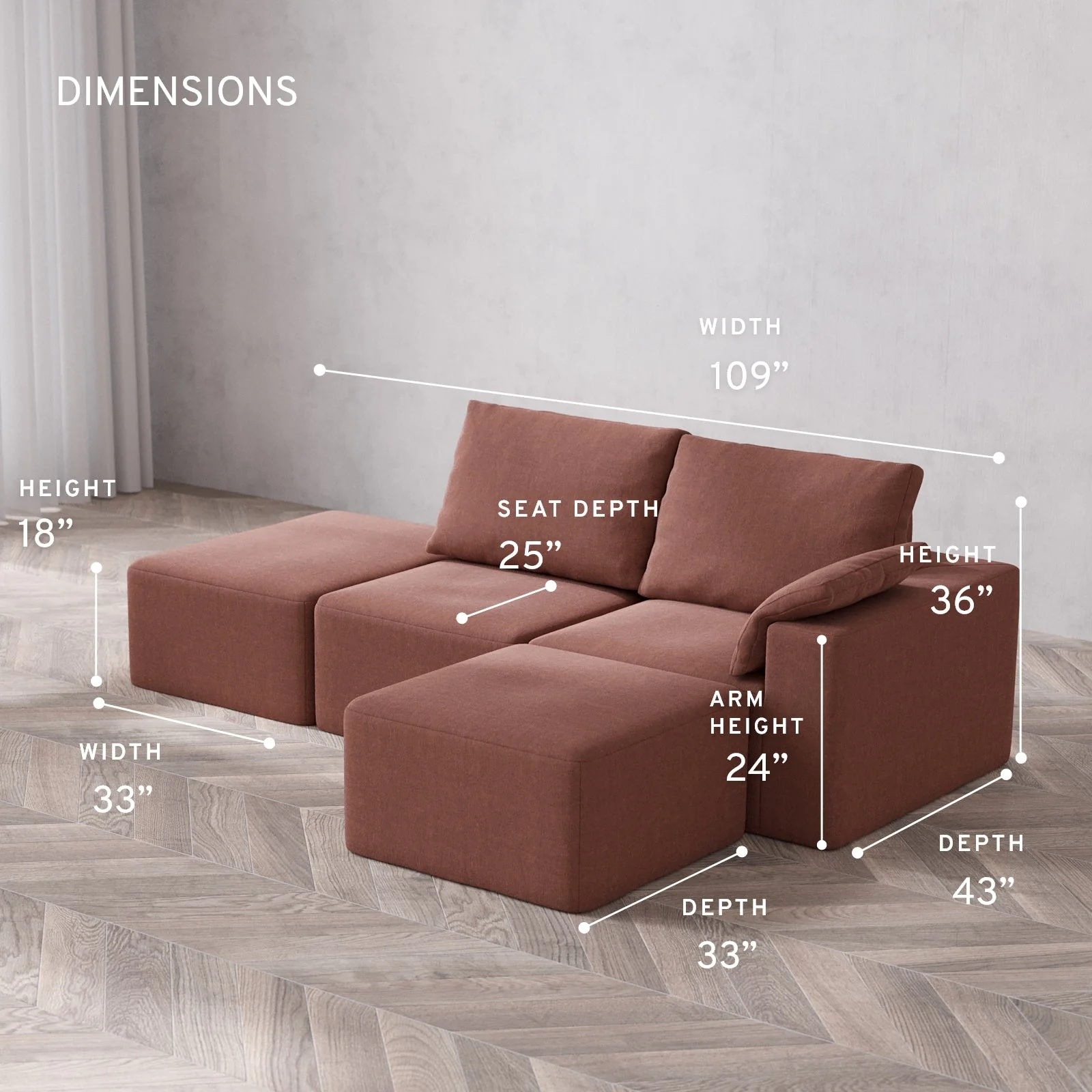 Modular Washable 2-Seater Open End Sectional Cloud + Bolster Sofa | Right-Facing Arm | Heirloom Velvet in Sumac - Image 5