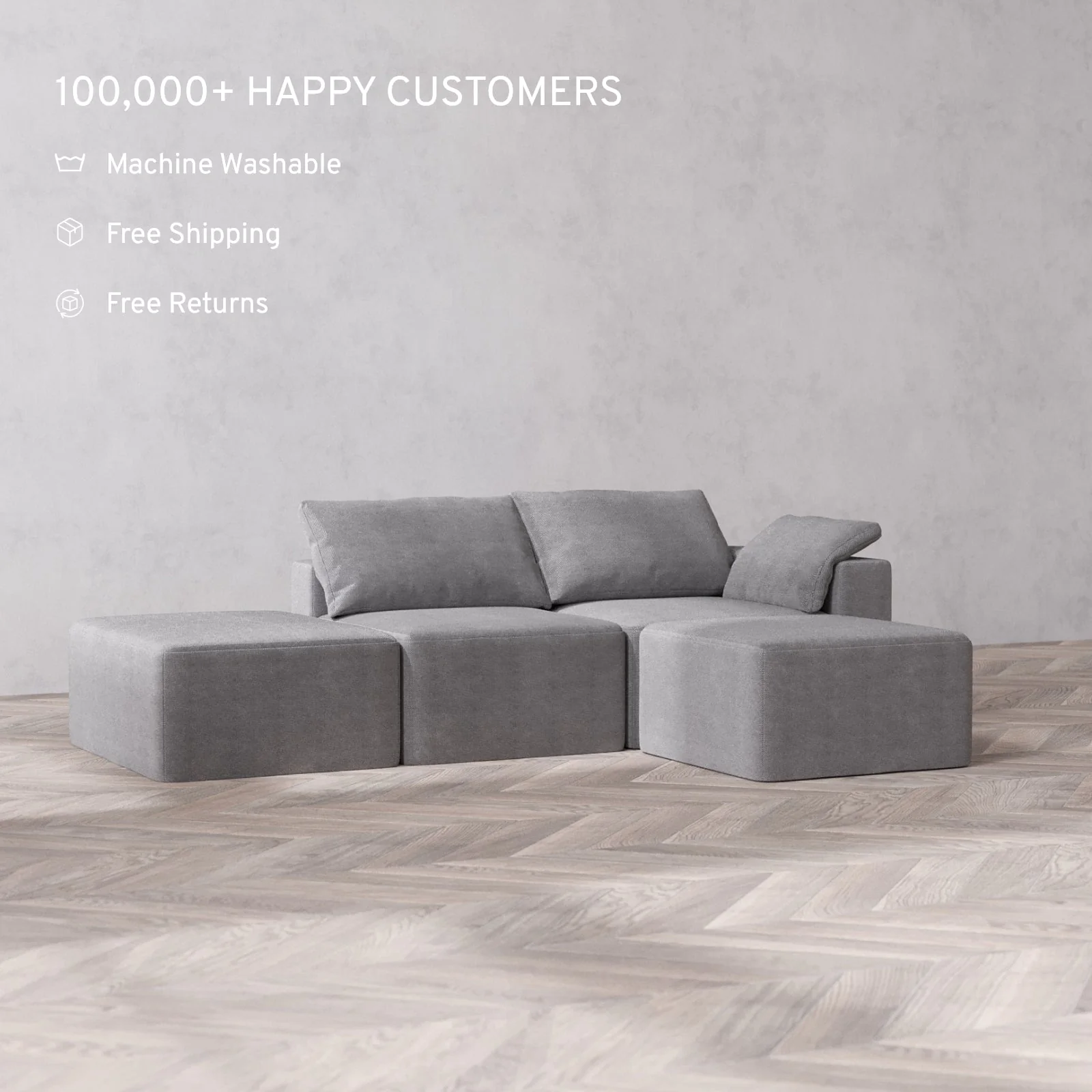 Modular Washable 2-Seater Open End Sectional Cloud Sofa | Right-Facing Arm | Lux Weave in Slate - Image 2