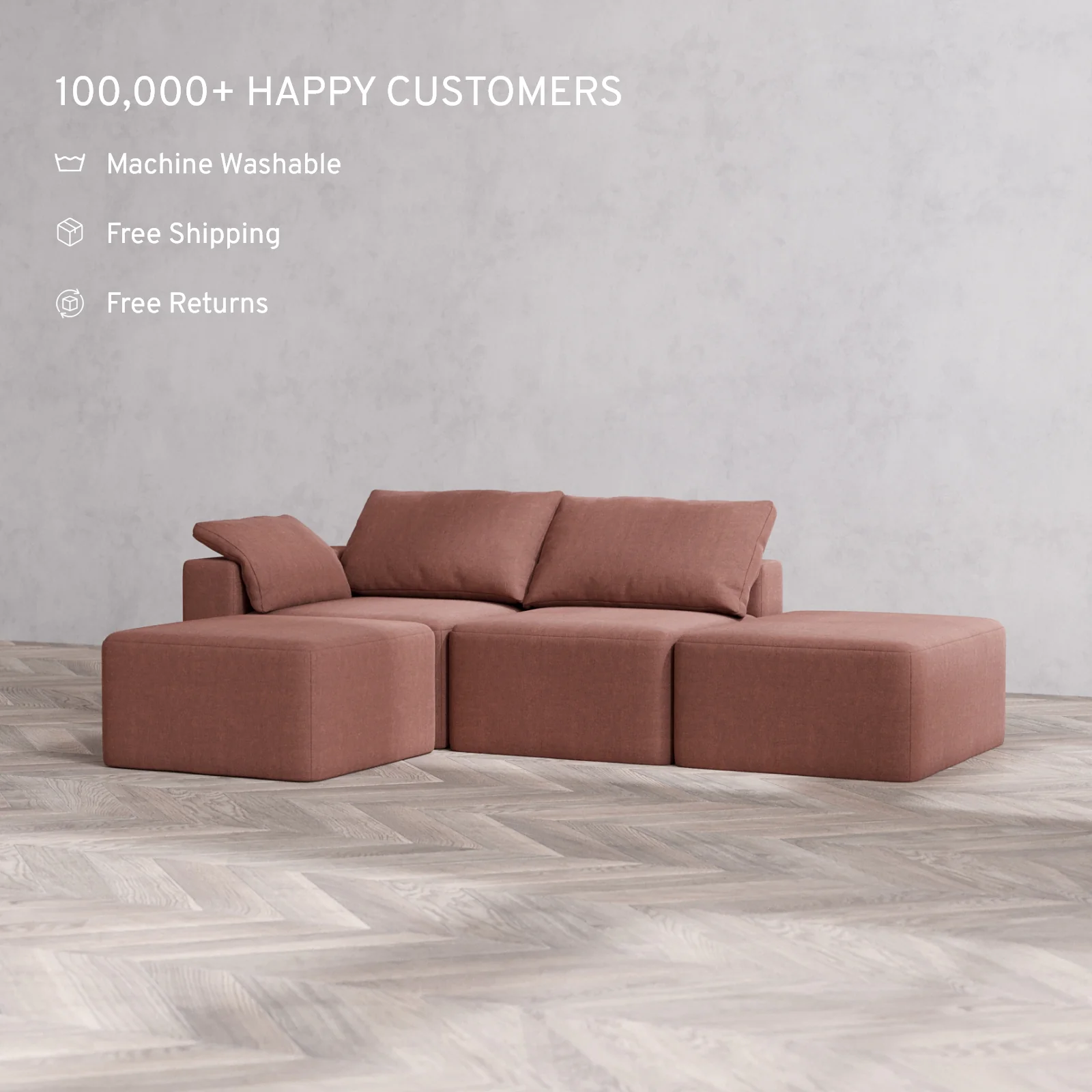Modular Washable 2-Seater Open End Sectional Cloud Sofa | Left-Facing Arm | Heirloom Velvet in Sumac - Image 2