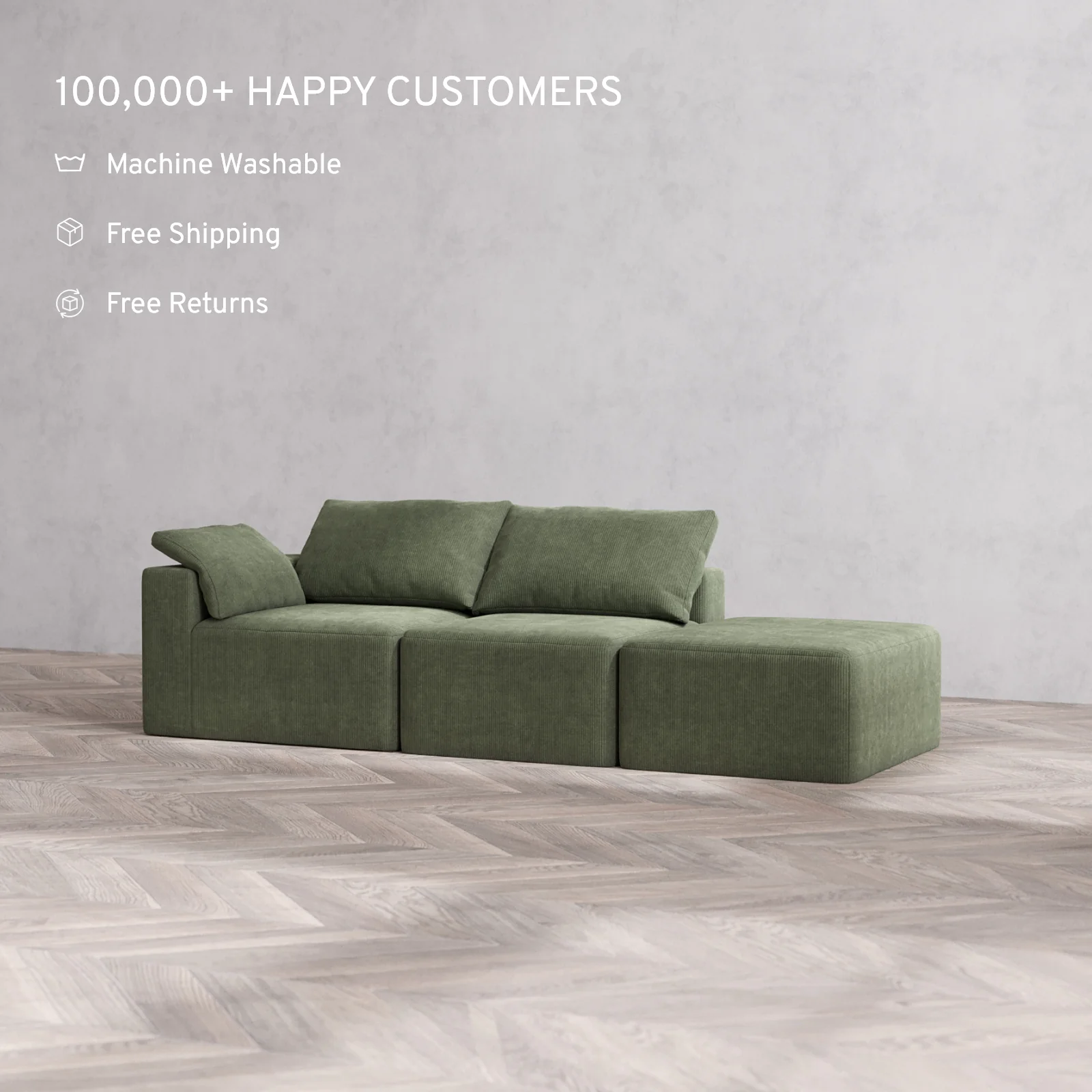 Modular Washable 2-Seater Open End Cloud Sofa | Left-Facing Arm | Luxe Corduroy in Juniper - Image 2
