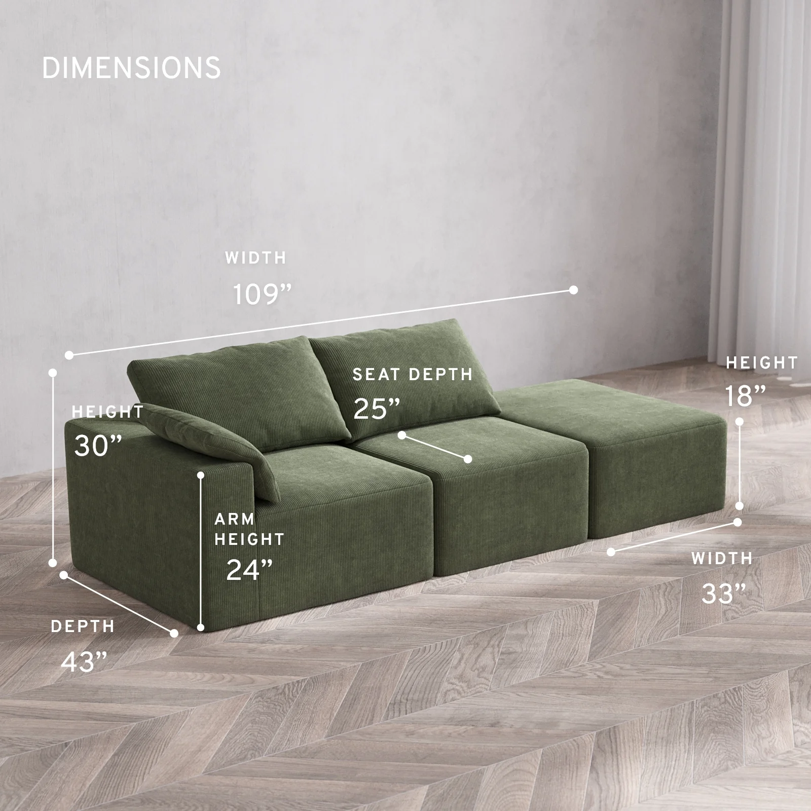 Modular Washable 2-Seater Open End Cloud Sofa | Left-Facing Arm | Luxe Corduroy in Juniper - Image 5