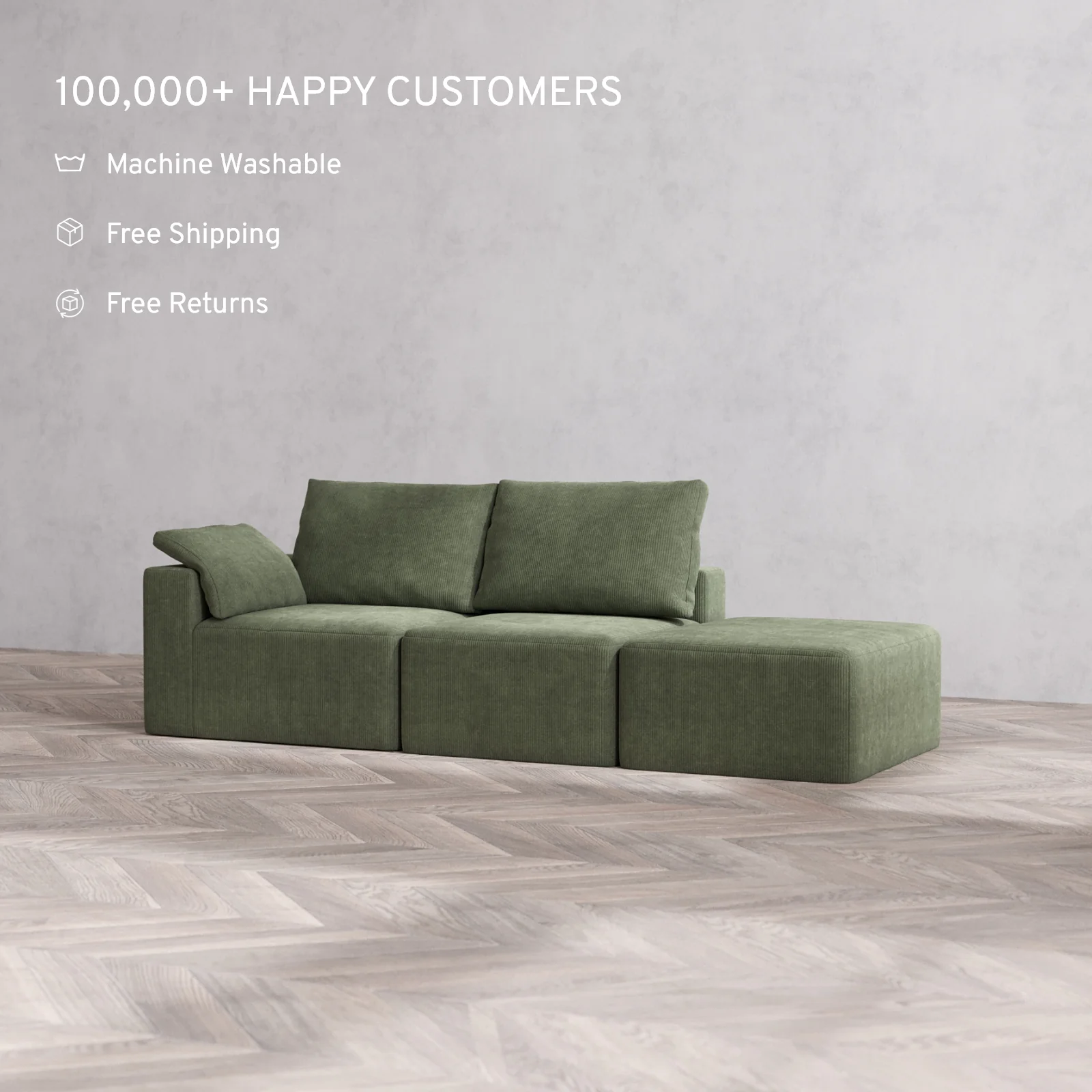 Modular Washable 2-Seater Open End Cloud + Bolster Sofa | Left-Facing Arm | Luxe Corduroy in Juniper - Image 2