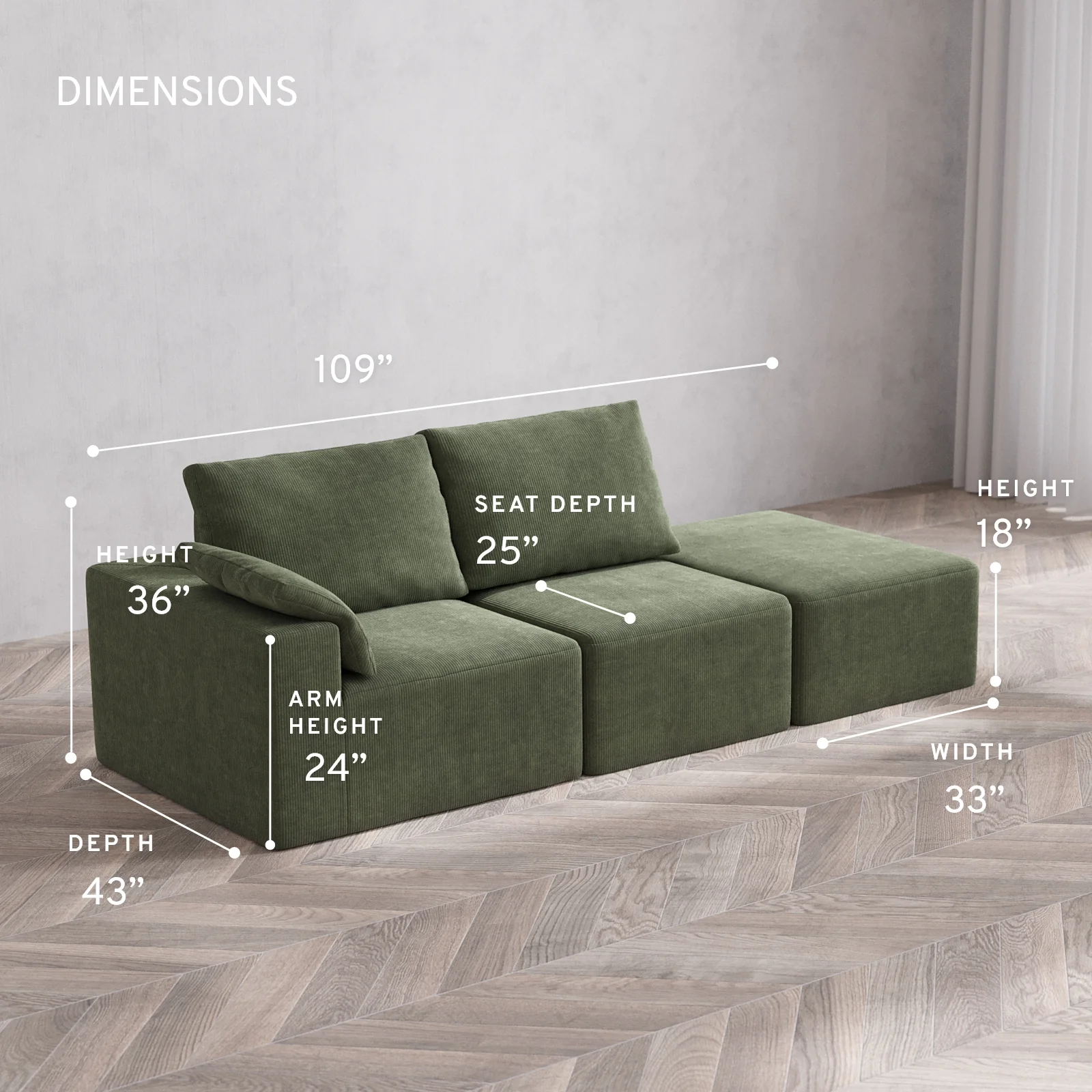 Modular Washable 2-Seater Open End Cloud + Bolster Sofa | Left-Facing Arm | Luxe Corduroy in Juniper - Image 5