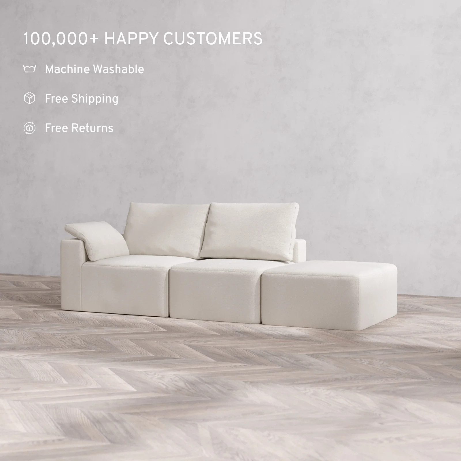 Modular Washable 2-Seater Open End Cloud + Bolster Sofa | Left-Facing Arm | Lux Weave in Pearl - Image 2