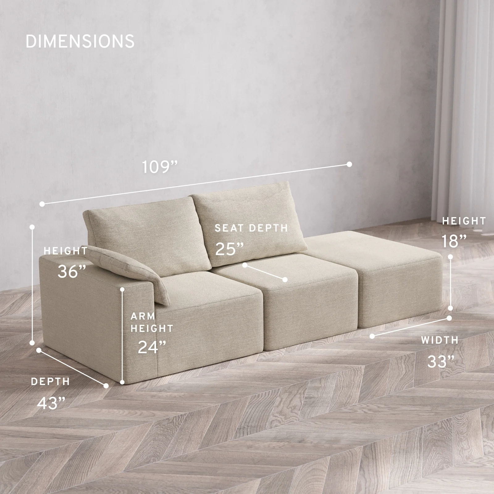 Modular Washable 2-Seater Open End Cloud + Bolster Sofa | Left-Facing Arm | Plush Twill in Sandstone - Image 5