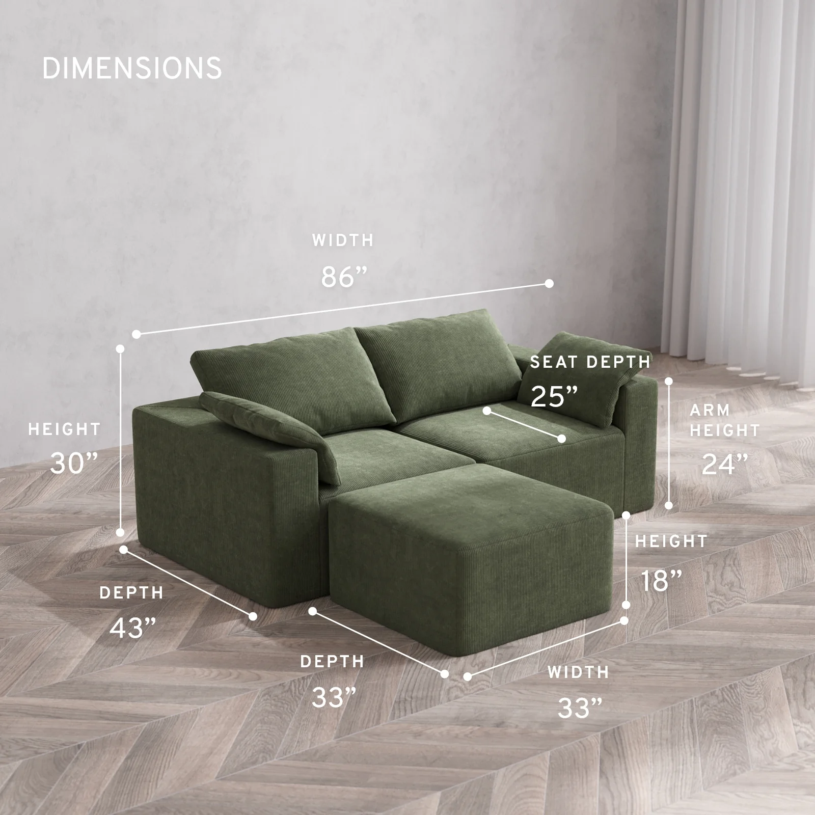 Modular Washable 2-Seater Sectional Cloud Sofa | Luxe Corduroy in Juniper - Image 5