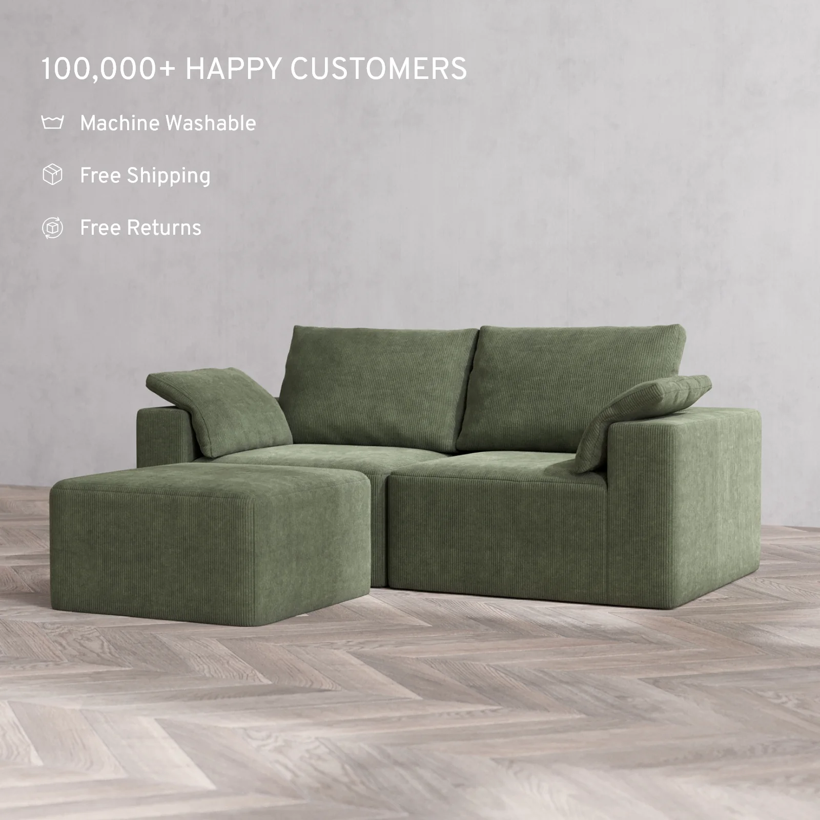 Modular Washable 2-Seater Sectional Cloud + Bolster Sofa | Luxe Corduroy in Juniper - Image 2