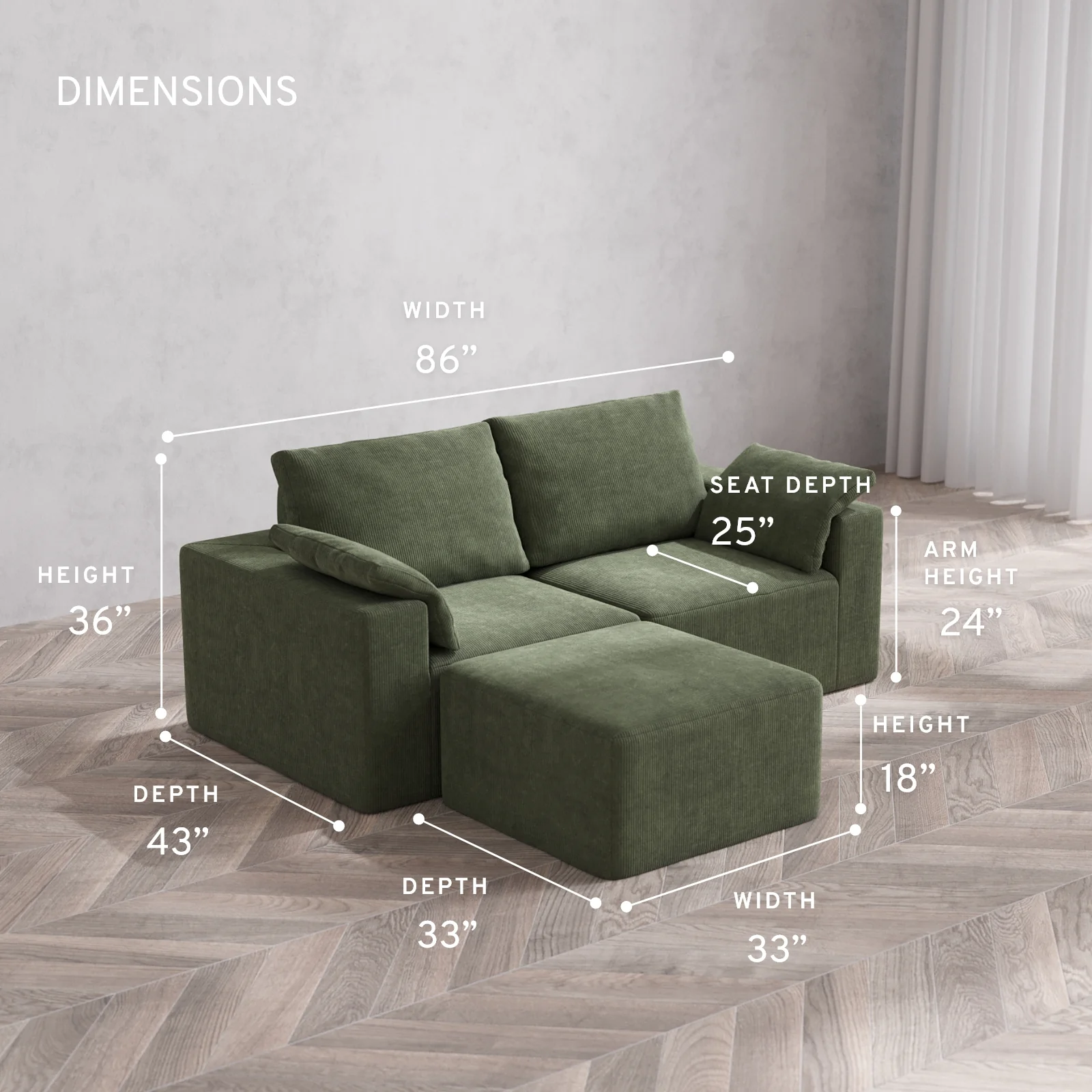 Modular Washable 2-Seater Sectional Cloud + Bolster Sofa | Luxe Corduroy in Juniper - Image 5