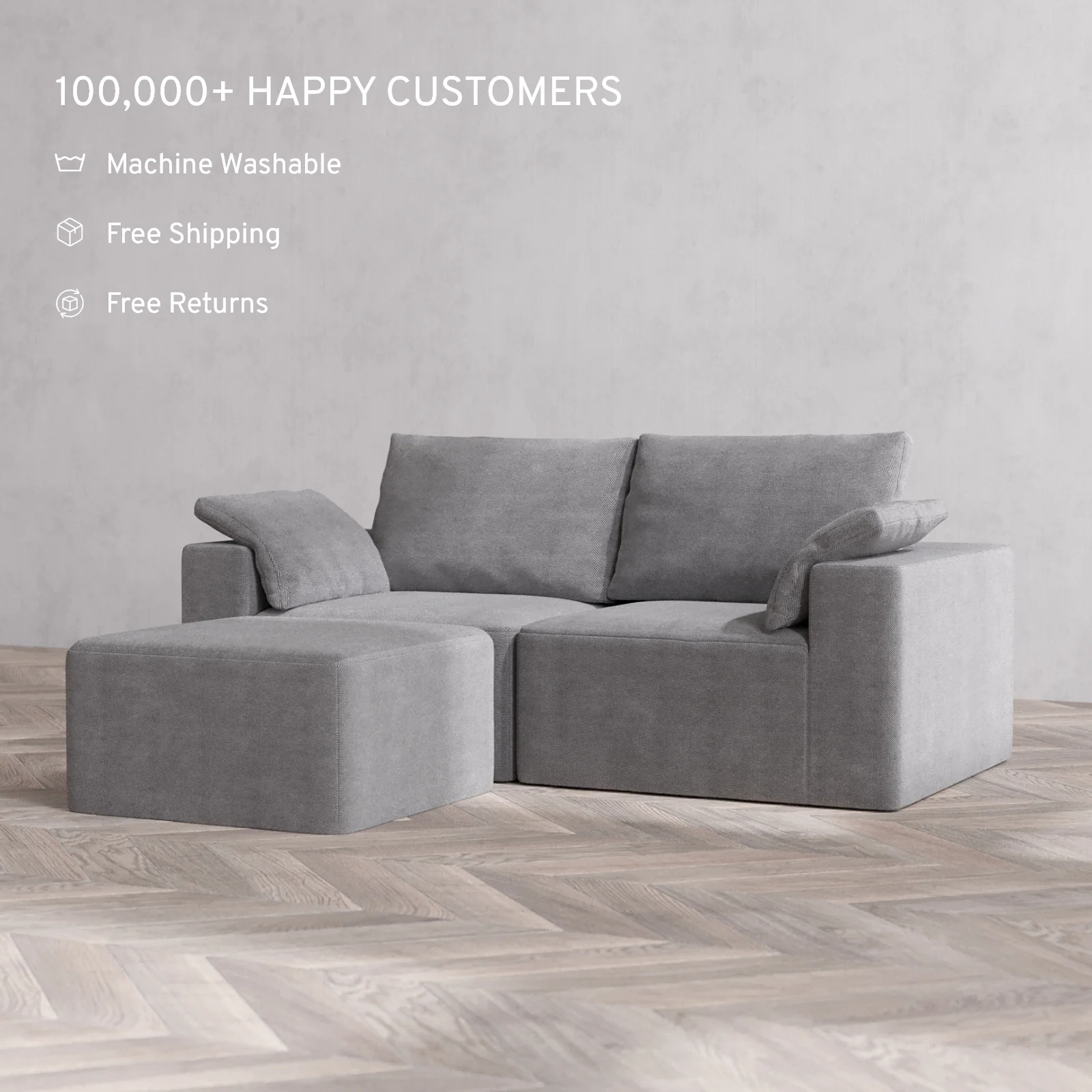 Modular Washable 2-Seater Sectional Cloud + Bolster Sofa | Lux Weave in Slate - Image 2