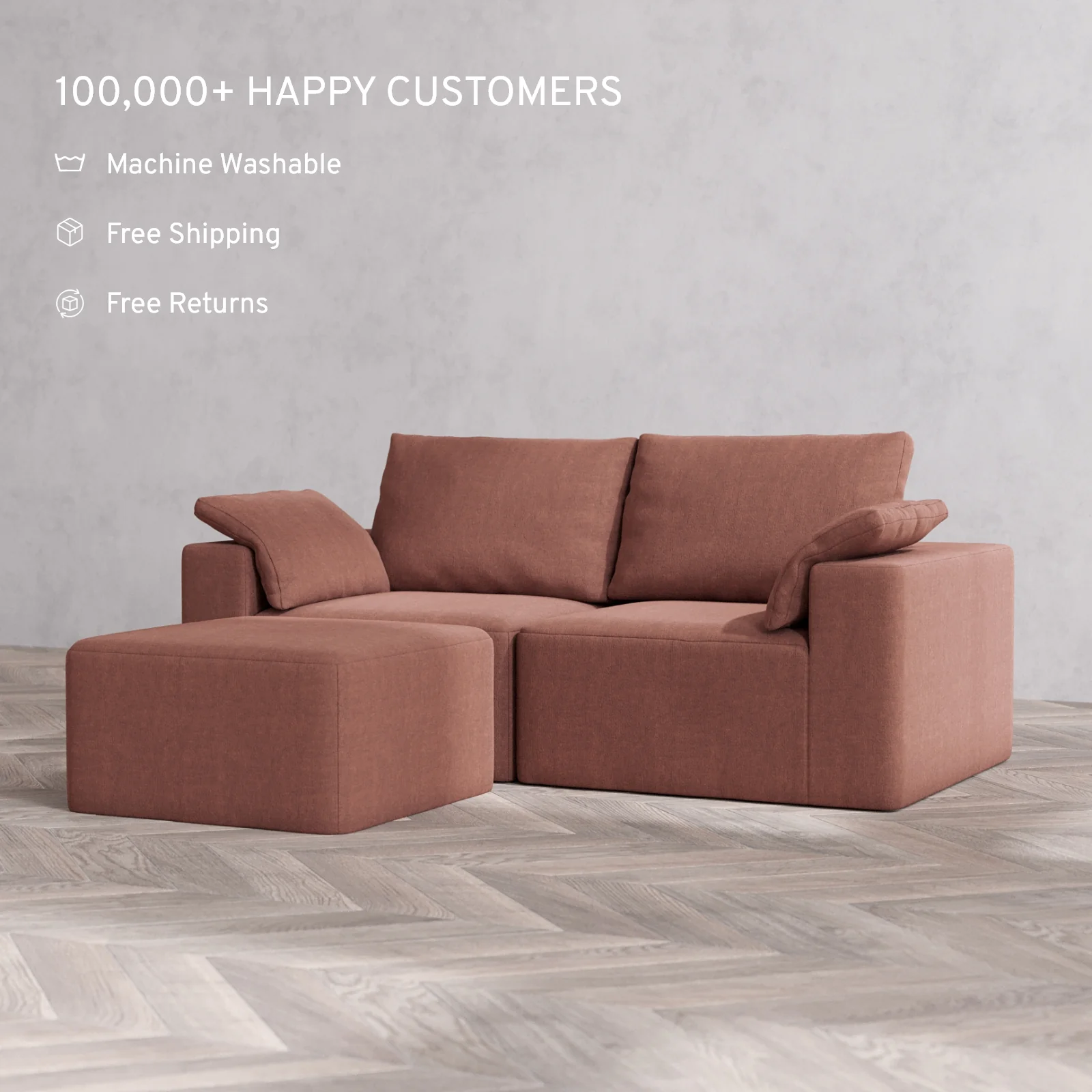 Modular Washable 2-Seater Sectional Cloud + Bolster Sofa | Heirloom Velvet in Sumac - Image 2