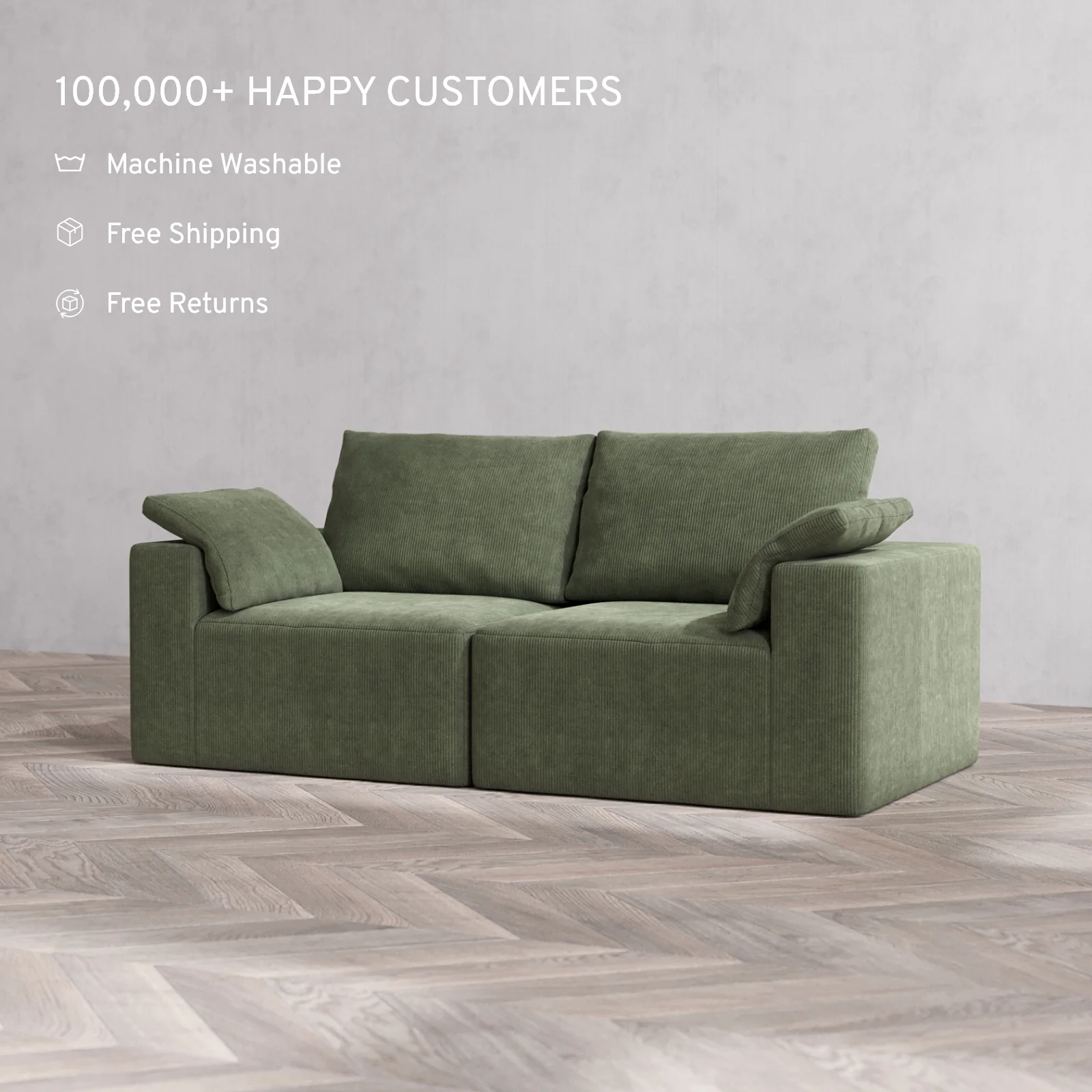 Modular Washable 2-Seater Cloud + Bolster Sofa | Luxe Corduroy in Juniper - Image 2