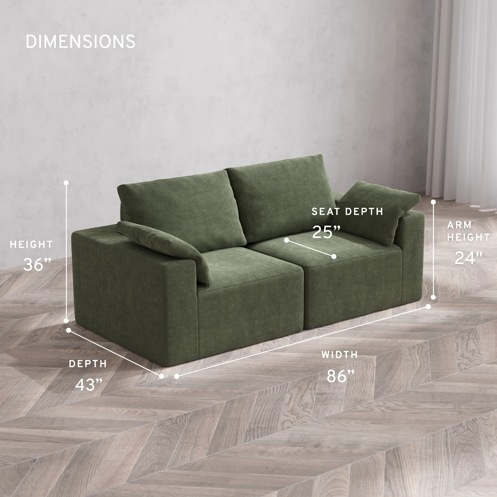 Modular Washable 2-Seater Cloud + Bolster Sofa | Luxe Corduroy in Juniper - Image 5