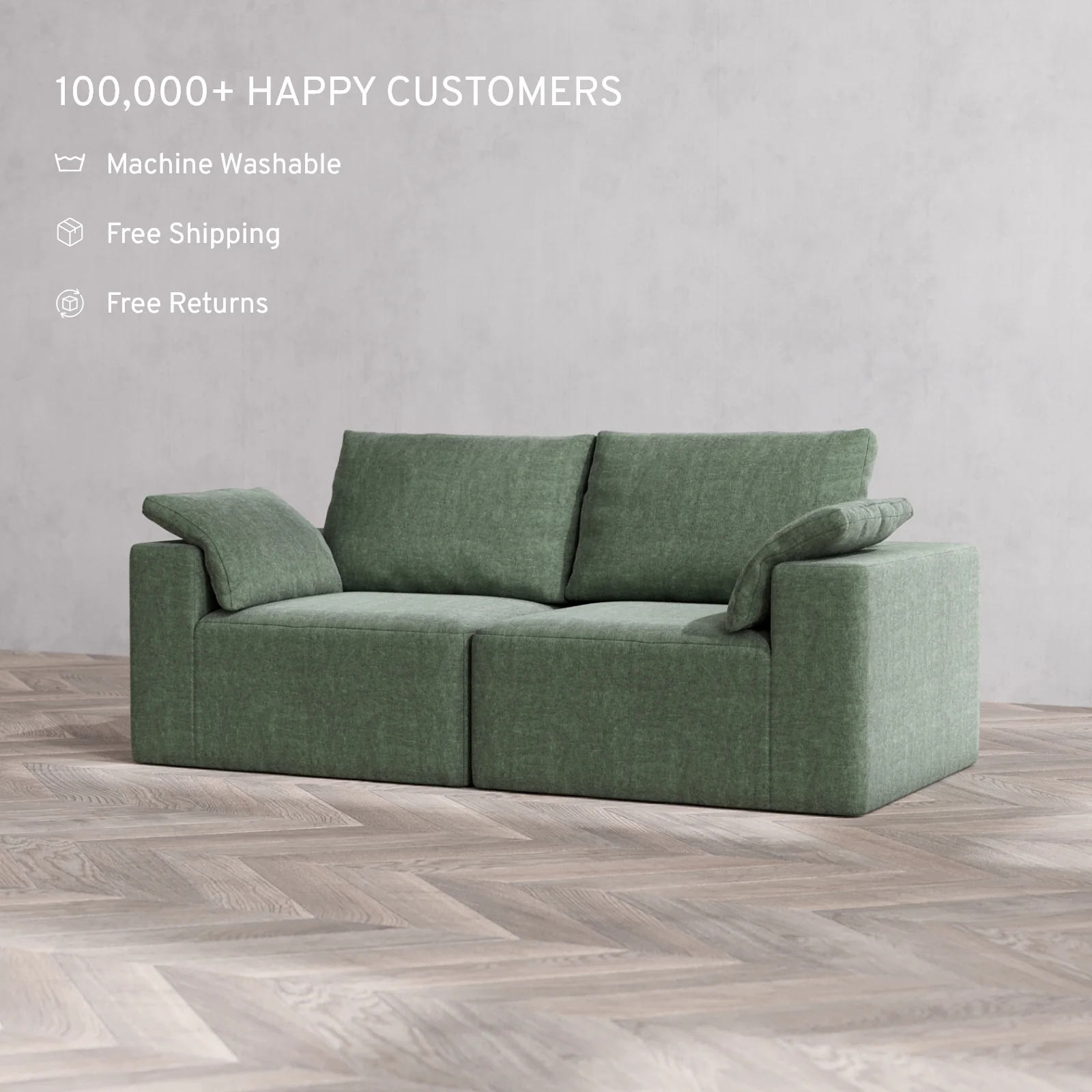 Modular Washable 2-Seater Cloud + Bolster Sofa | Heirloom Velvet in Sage - Image 2