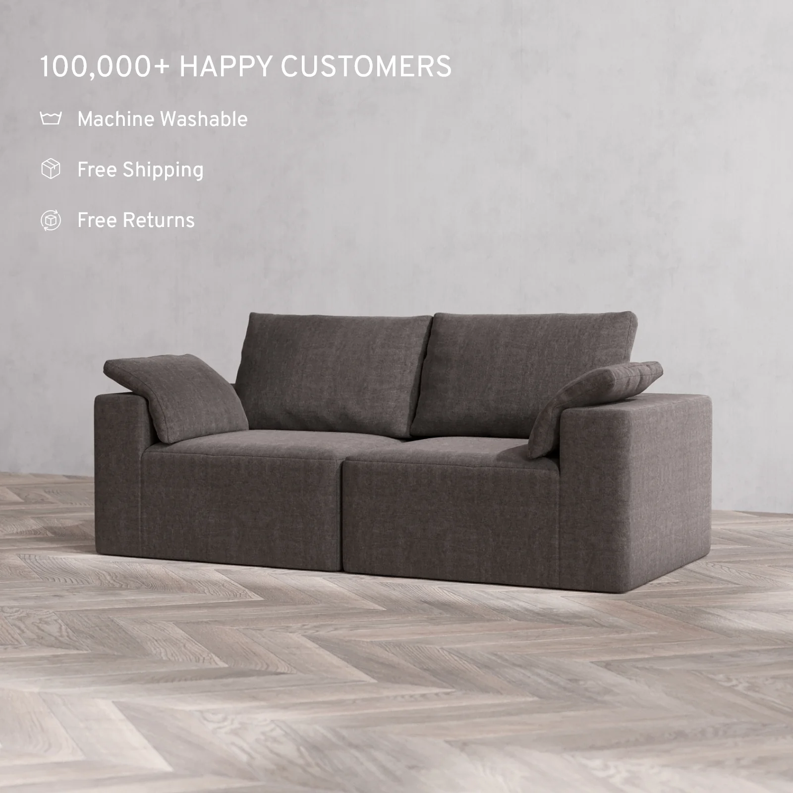 Modular Washable 2-Seater Cloud + Bolster Sofa | Heirloom Velvet in Truffle - Image 2