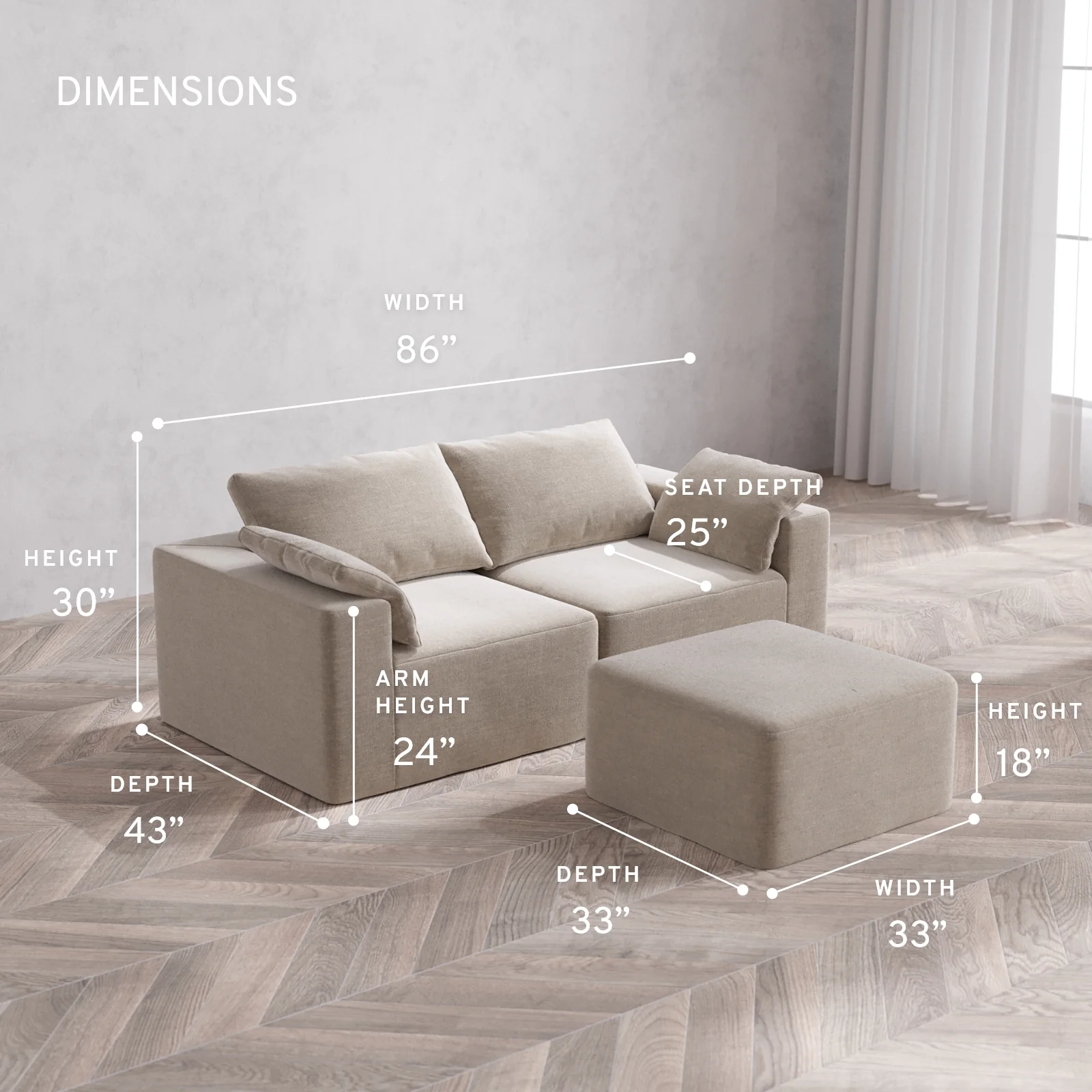 Modular Washable 2-Seater Cloud Sofa + Ottoman | Satin Velvet in Caraway - Image 5