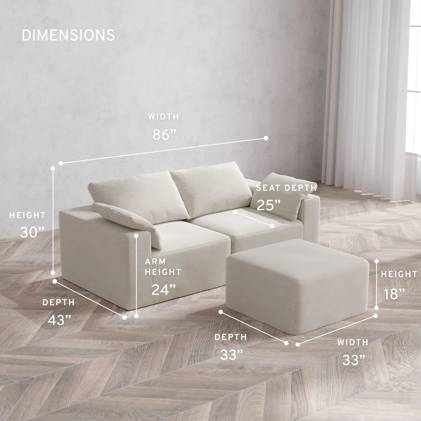 Modular Washable 2-Seater Cloud Sofa + Ottoman | Satin Velvet in Cashew - Image 5