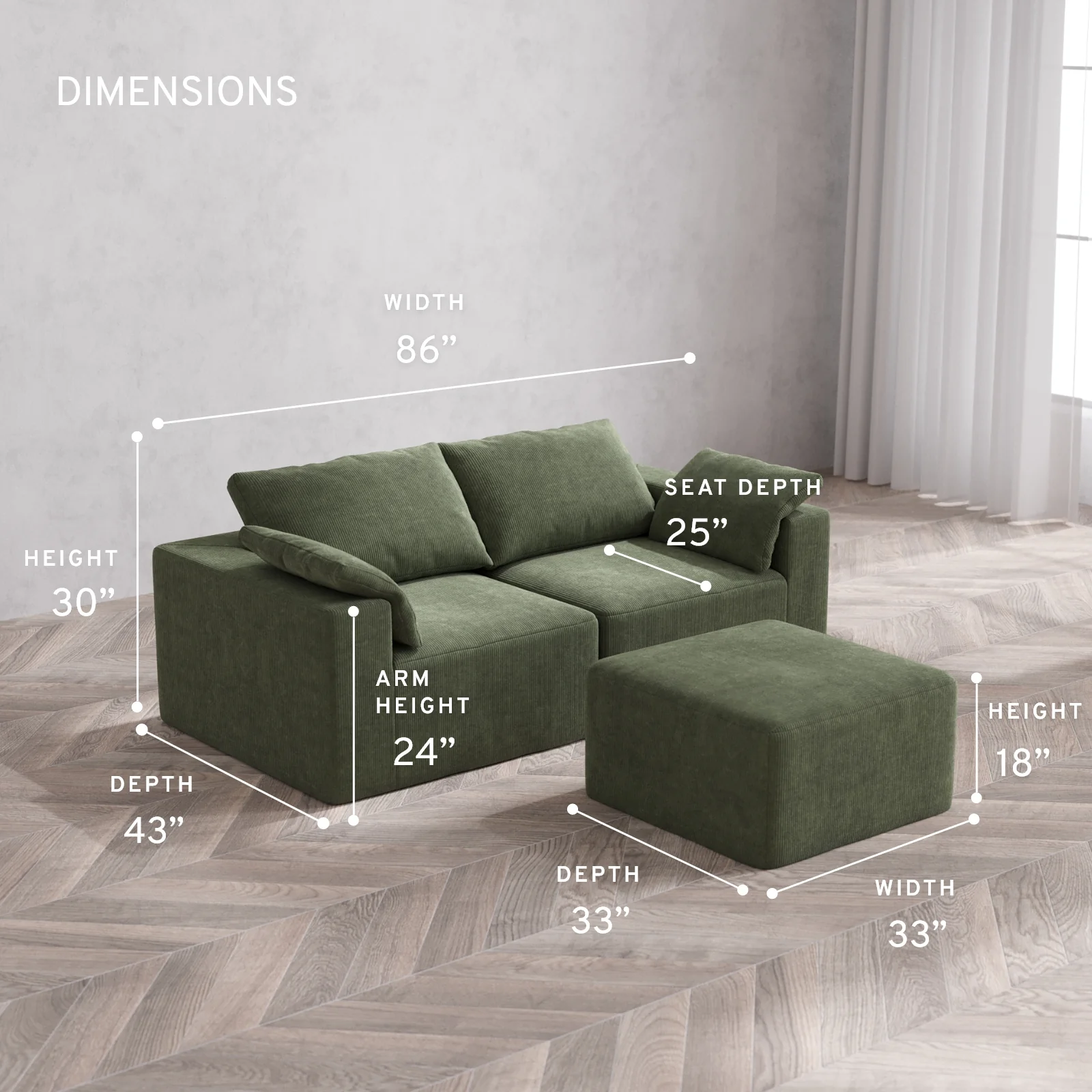 Modular Washable 2-Seater Cloud Sofa + Ottoman | Luxe Corduroy in Juniper - Image 5
