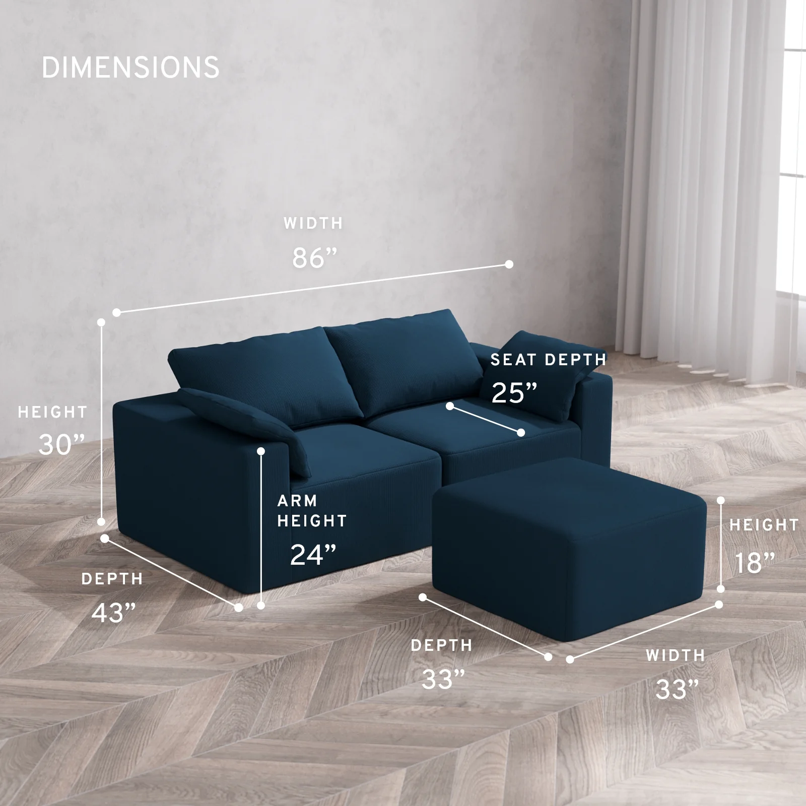 Modular Washable 2-Seater Cloud Sofa + Ottoman | Arden Weave in Lazuli - Image 5