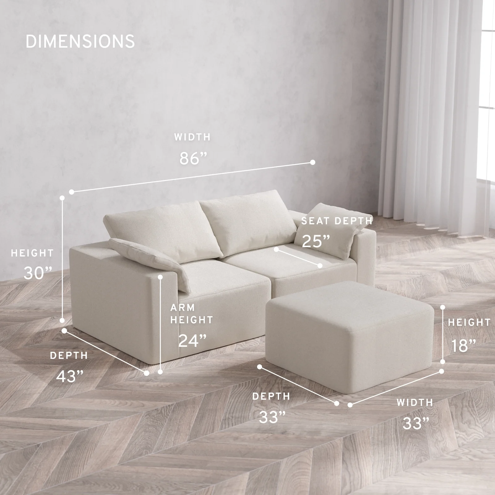 Modular Washable 2-Seater Cloud Sofa + Ottoman | Lux Weave in Pearl - Image 5