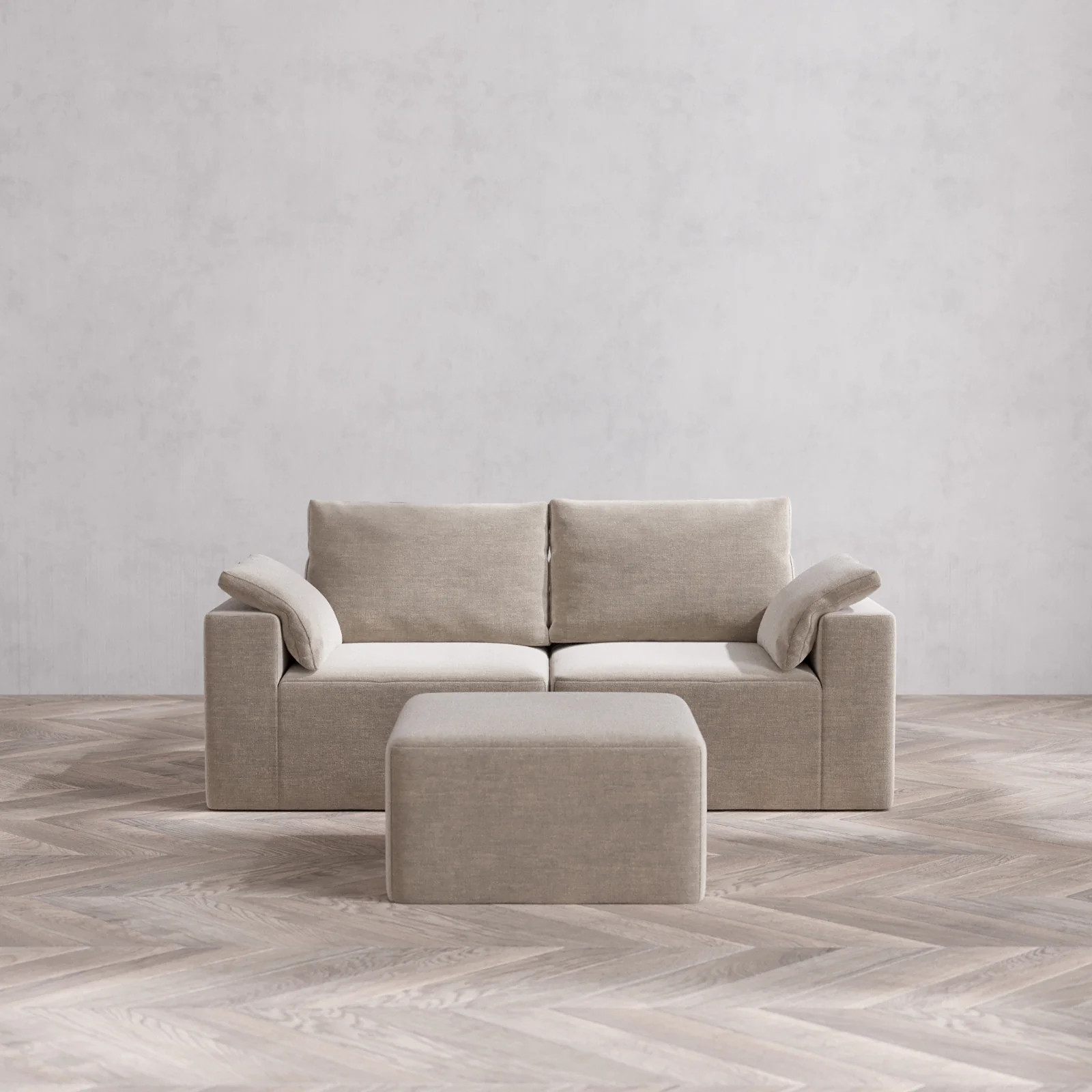 Modular Washable 2-Seater Cloud + Bolster Sofa + Ottoman | Satin Velvet in Caraway