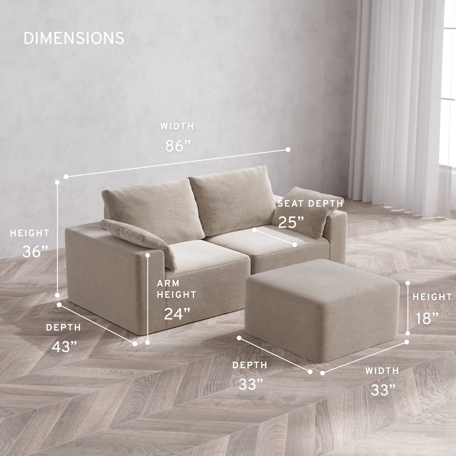 Modular Washable 2-Seater Cloud + Bolster Sofa + Ottoman | Satin Velvet in Caraway - Image 5