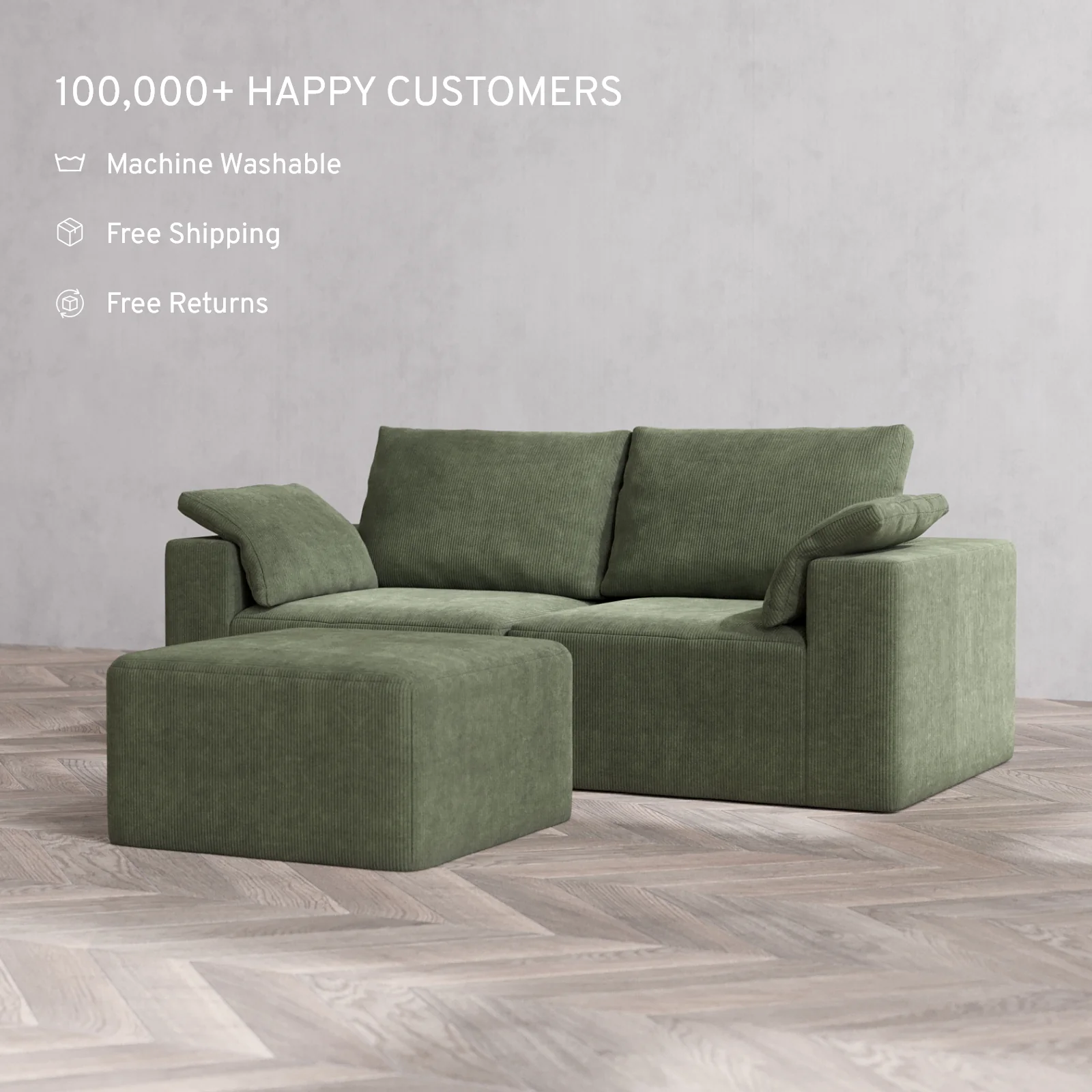 Modular Washable 2-Seater Cloud + Bolster Sofa + Ottoman | Luxe Corduroy in Juniper - Image 2