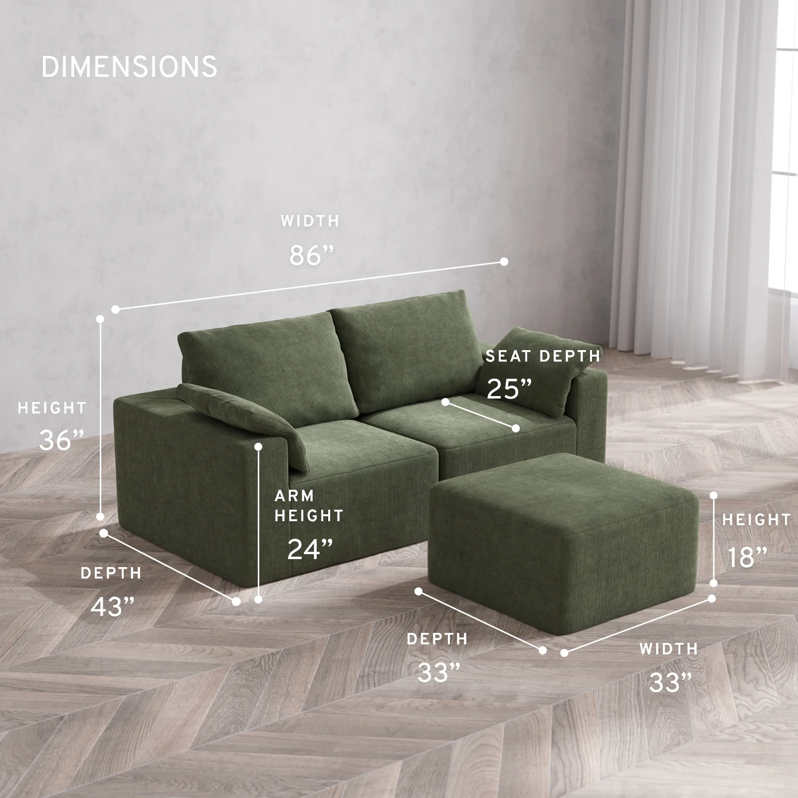 Modular Washable 2-Seater Cloud + Bolster Sofa + Ottoman | Luxe Corduroy in Juniper - Image 5