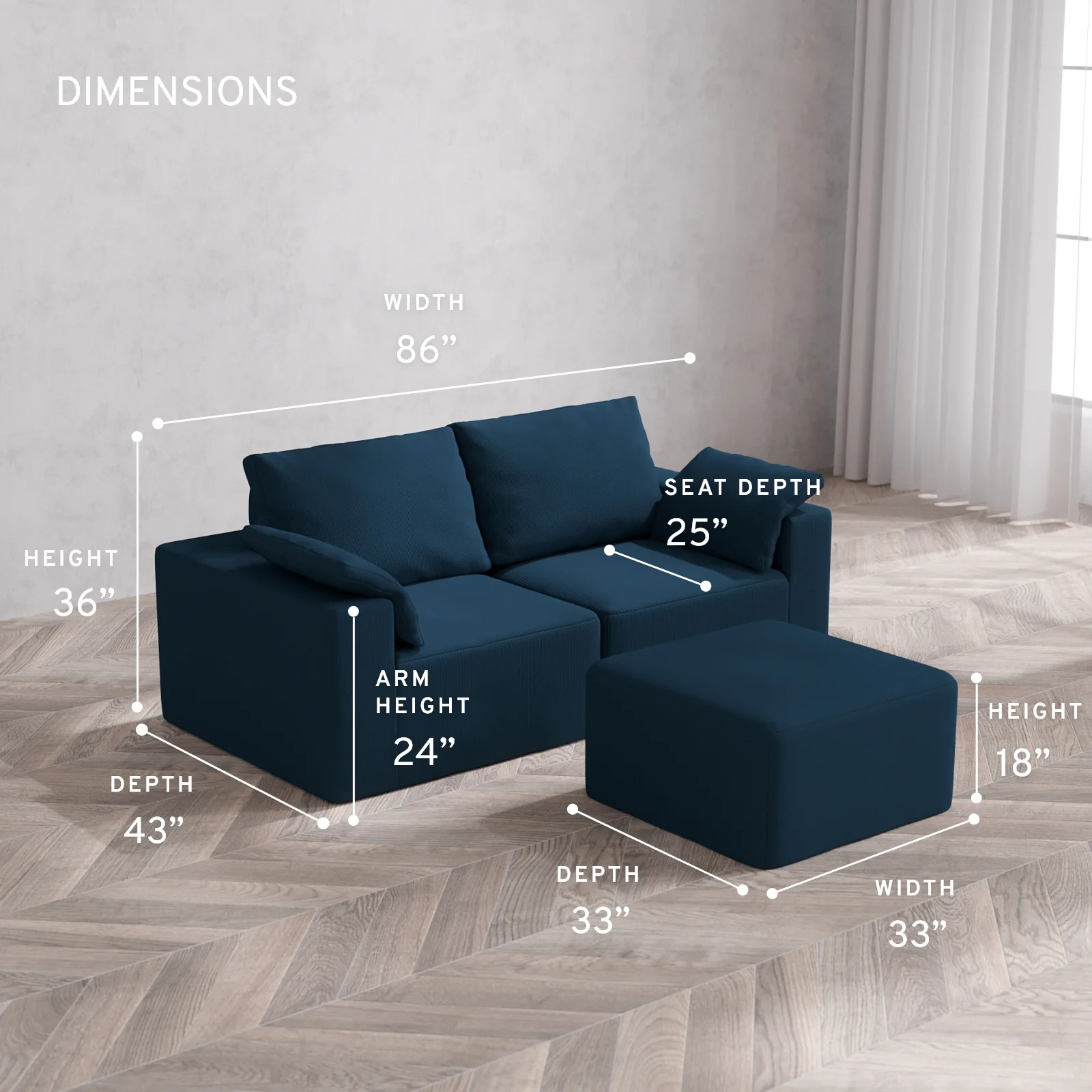 Modular Washable 2-Seater Cloud + Bolster Sofa + Ottoman | Arden Weave in Lazuli - Image 5