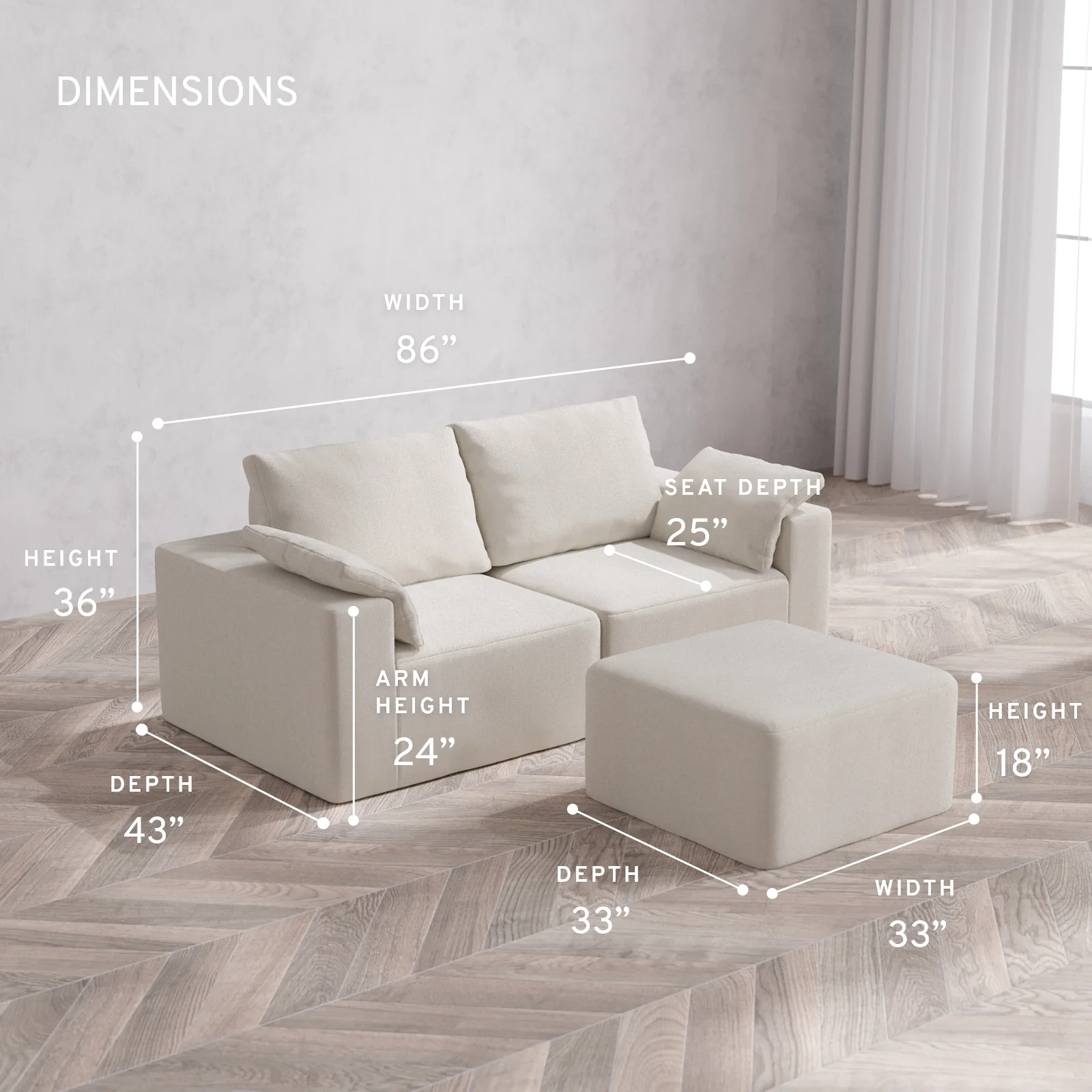 Modular Washable 2-Seater Cloud + Bolster Sofa + Ottoman | Lux Weave in Pearl - Image 5