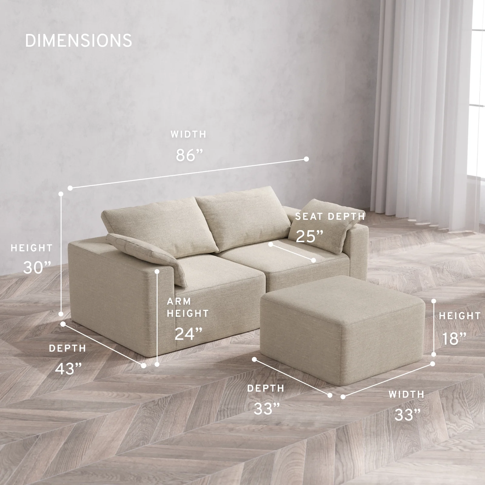 Modular Washable 2-Seater Cloud Sofa + Ottoman | Plush Twill in Sandstone - Image 5