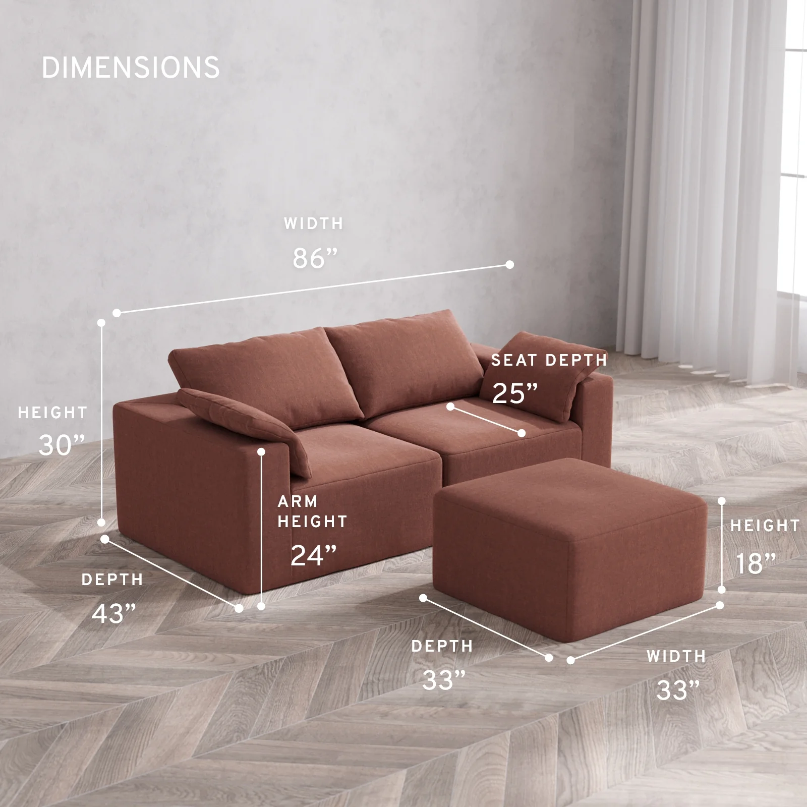 Modular Washable 2-Seater Cloud Sofa + Ottoman | Heirloom Velvet in Sumac - Image 5