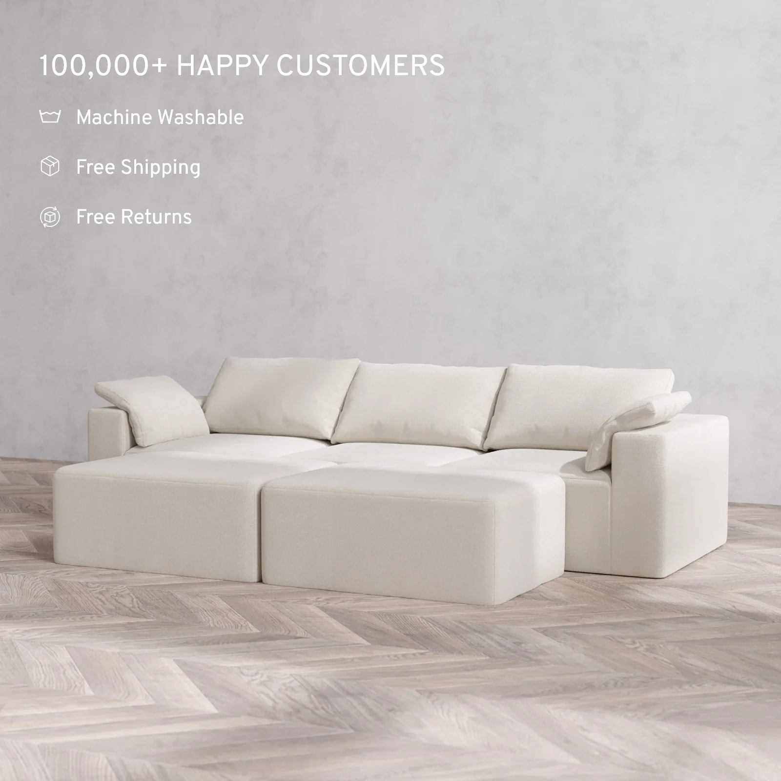Modular Washable 3-Seater + Chaise Ottoman Bench Cloud Sofa | Lux Weave in Pearl - Image 2