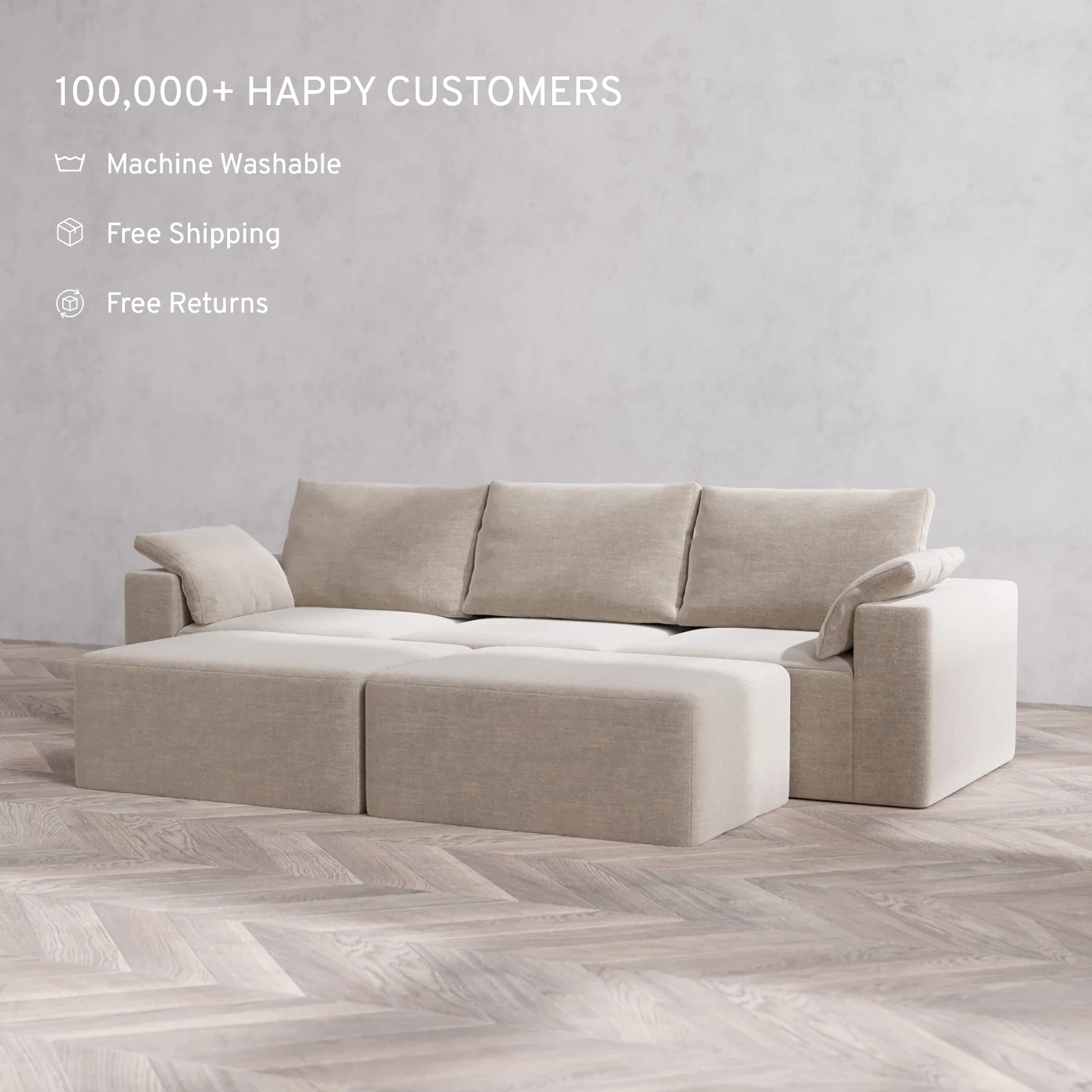 Modular Washable 3-Seater + Chaise Ottoman Bench Cloud + Bolster Sofa | Satin Velvet in Caraway - Image 2