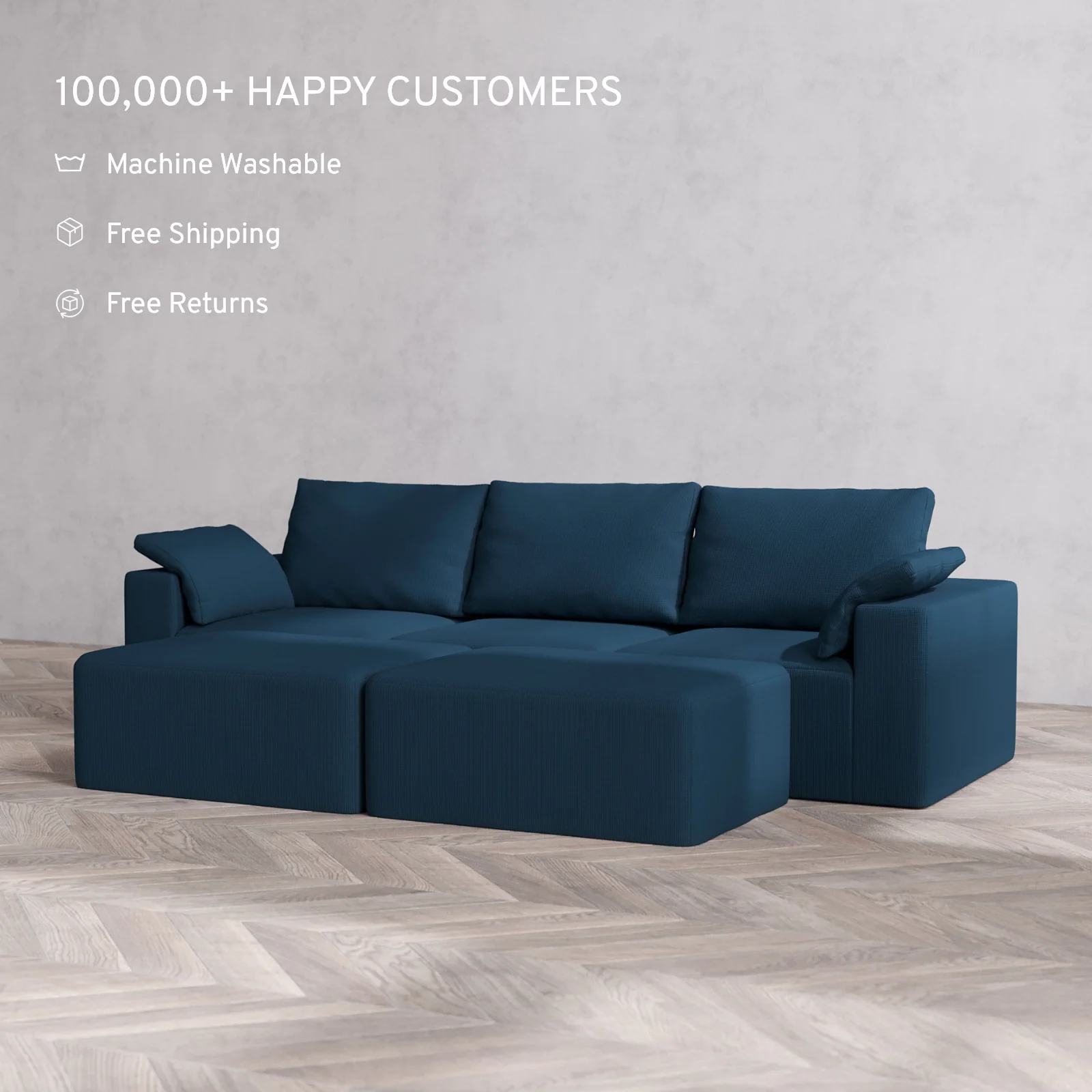 Modular Washable 3-Seater + Chaise Ottoman Bench Cloud + Bolster Sofa | Arden Weave in Lazuli - Image 2