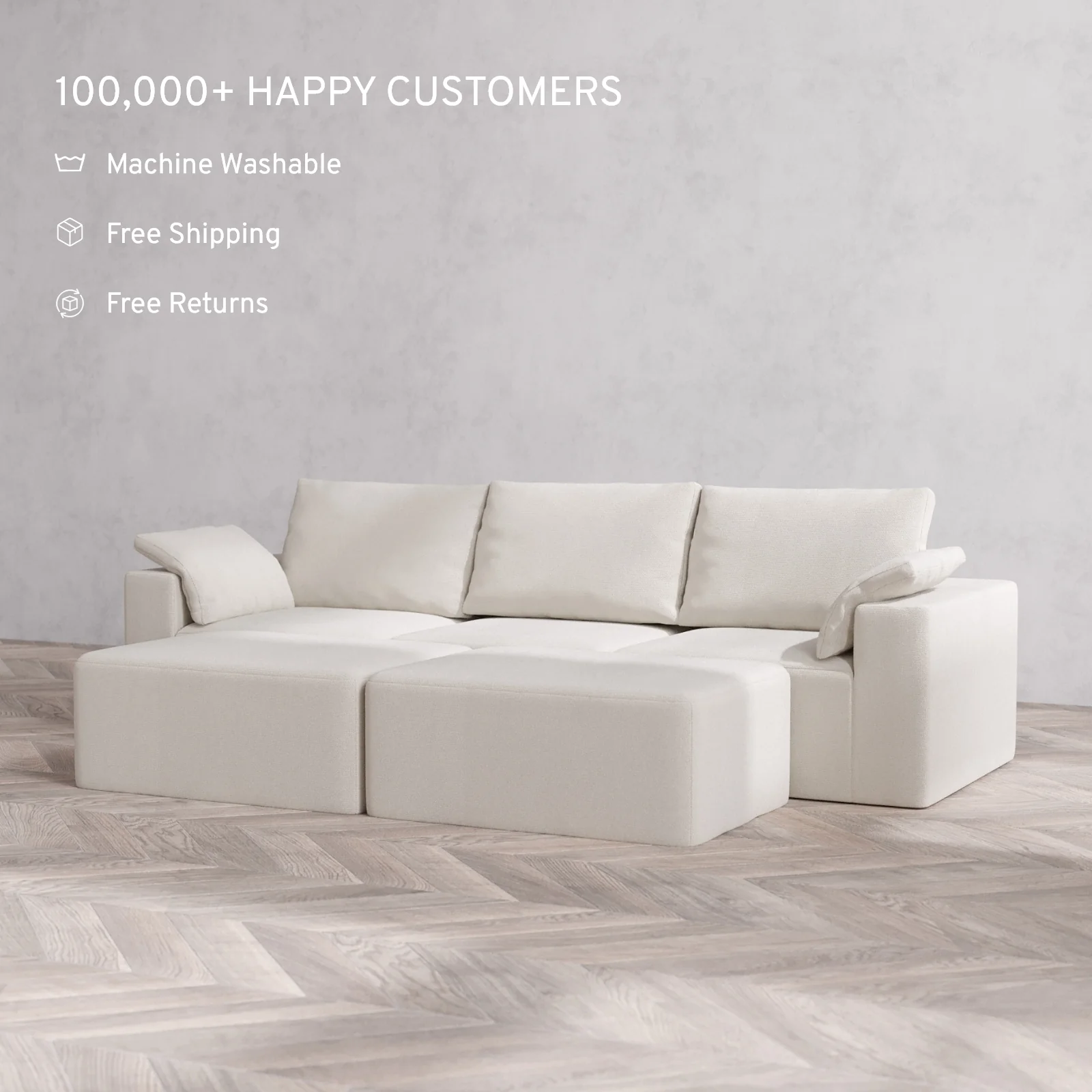 Modular Washable 3-Seater + Chaise Ottoman Bench Cloud + Bolster Sofa | Lux Weave in Pearl - Image 2